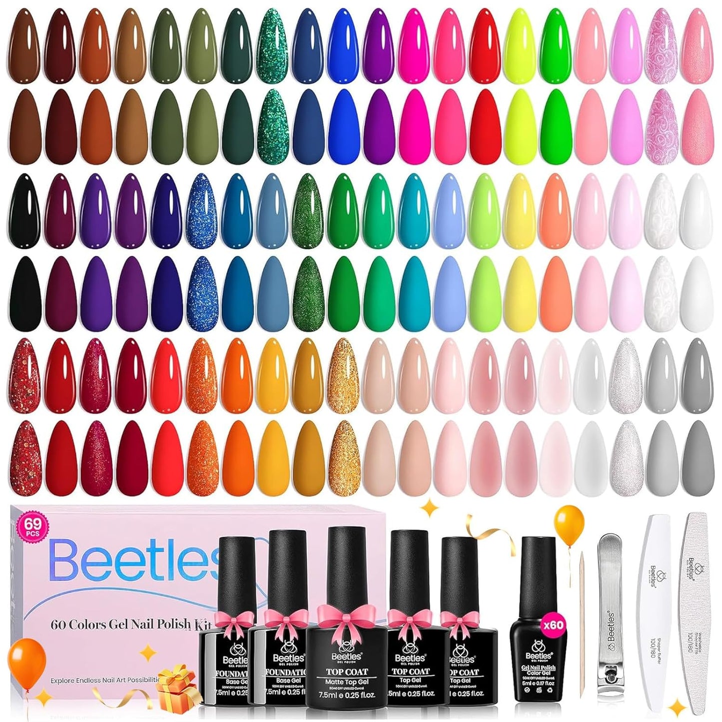 Beetles Gel Nail Polish Set 60 Colors Fall Uv Gel Polish Kit Jelly Brown Glitter Nude Pink White Red Blue Green Color Nail Polish Base &Glossy Matte Top Coat Gift for Her Women