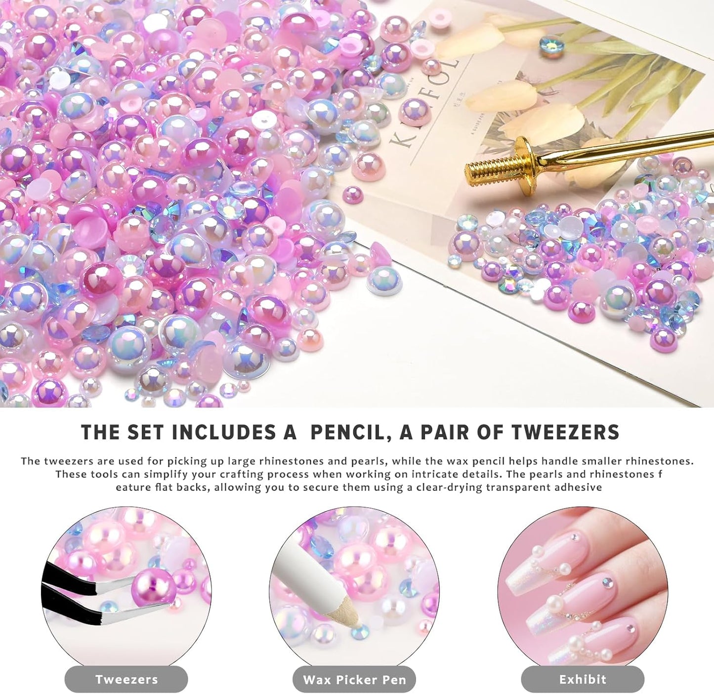 80g Mix Flatback Pearls and Rhinestones for Crafts Pink Purple Mixed Size 2mm-10mm Half Round Pearls Rhinestones for Nail Art Tumblers Shoes DIY Bedazzling with Tweezers Wax Pen