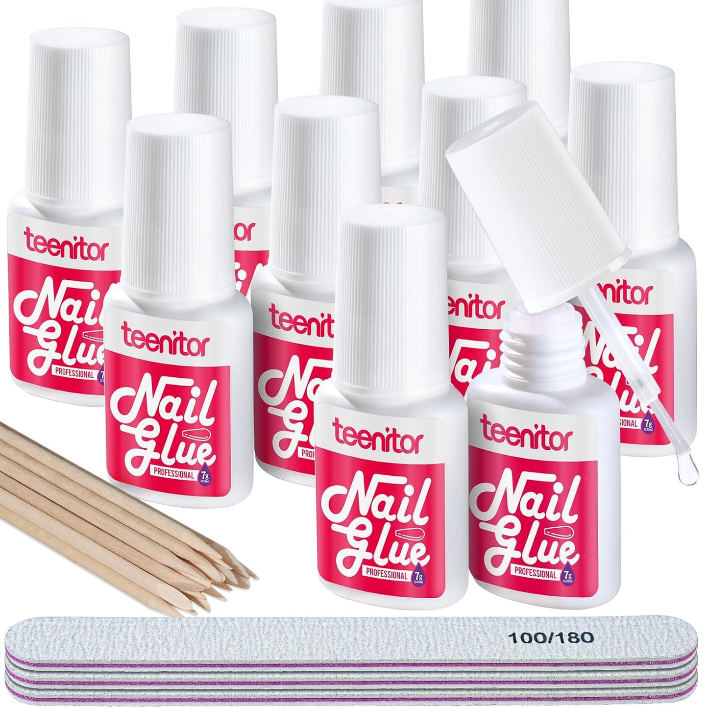 Teenitor Pink Nail Glue, 10 Pack Brush On, Strong for Press Ons & Acrylic Nails, Water Resistant, Fast Drying, No Lamp Needed