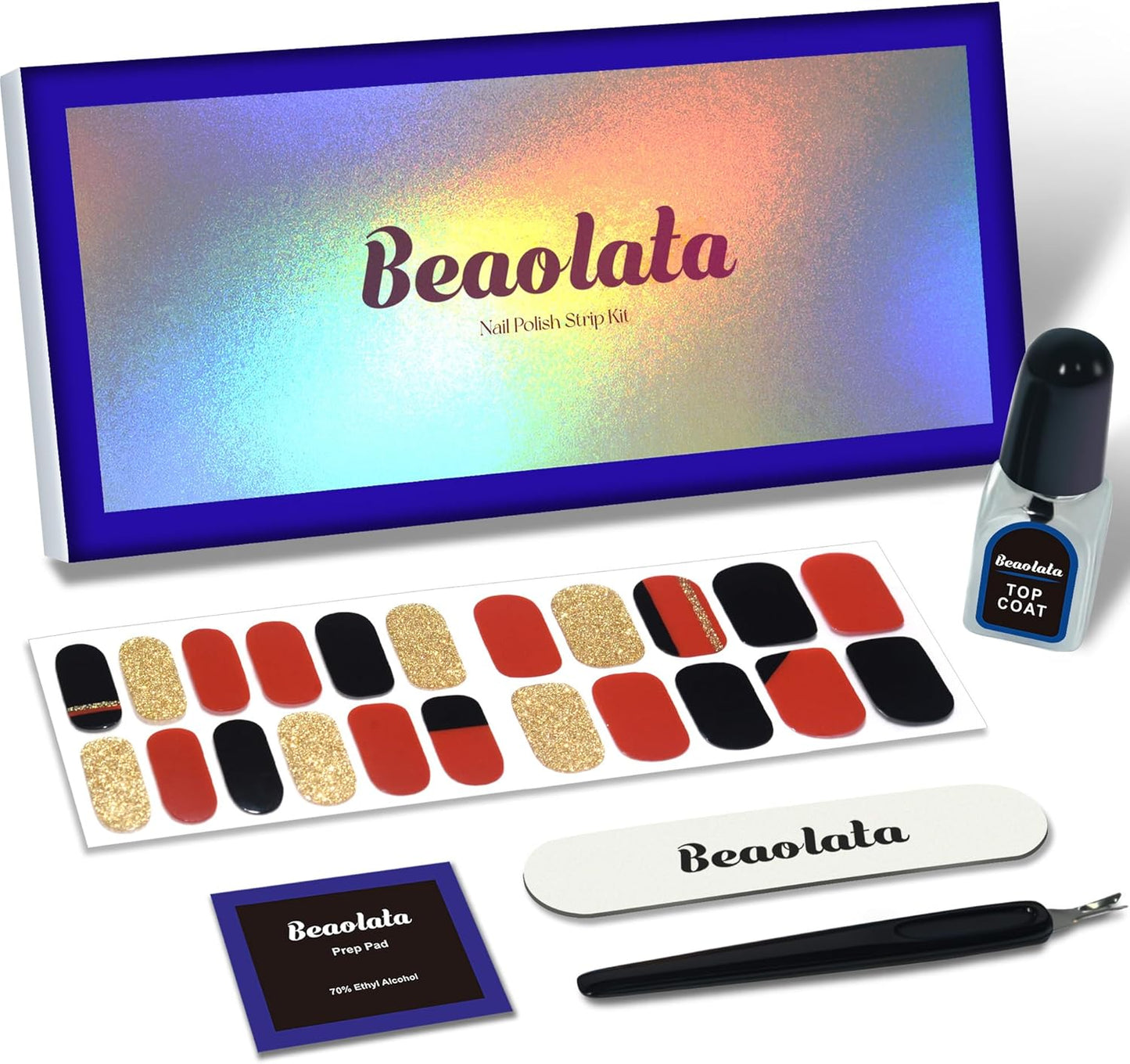 Nail Polish Strips, 44PCS Salon Quality Wraps with Top Coat, Long Lasting Gel Nail Stickers for Women Easy Apply& Remove (Upside Red&Black&Gold)