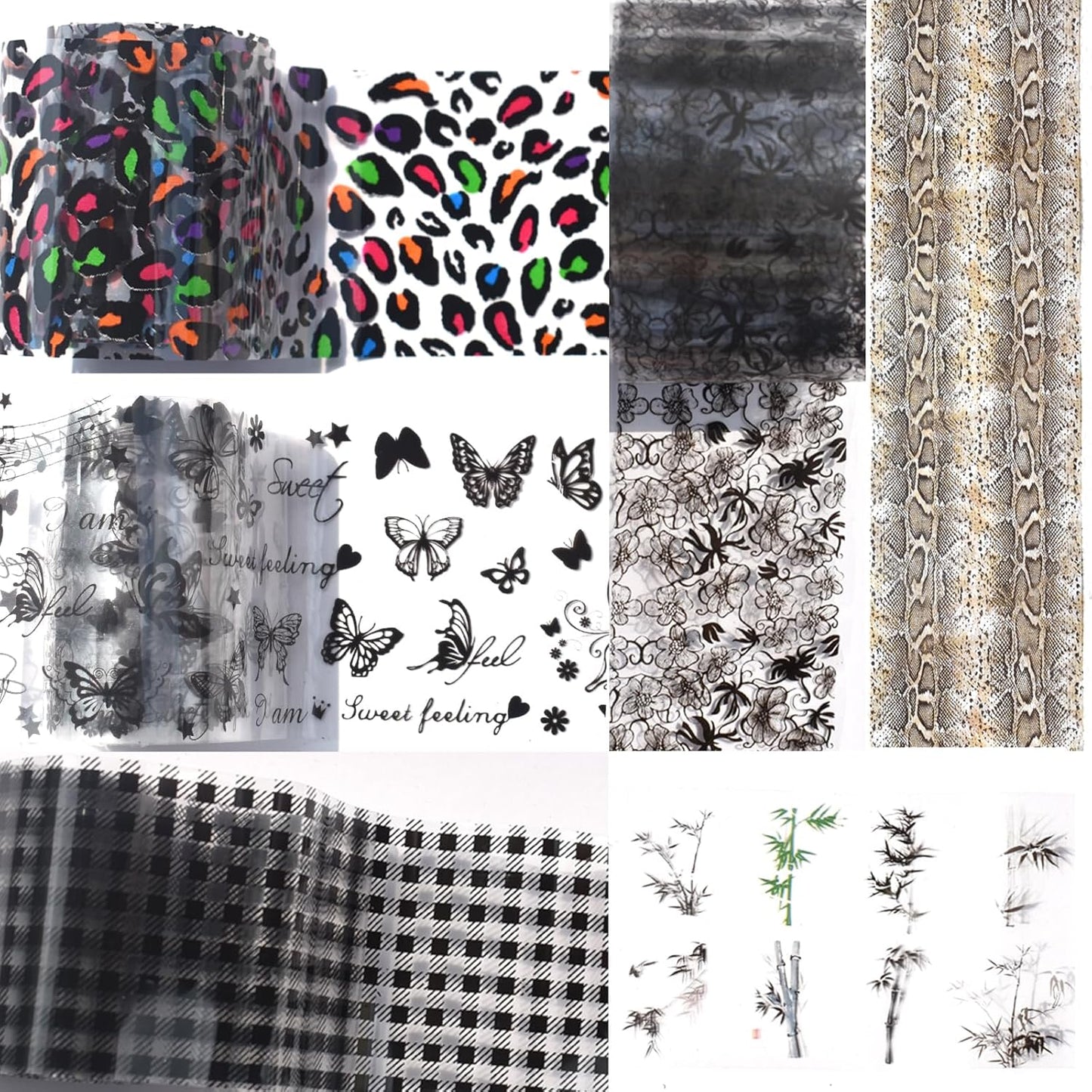 Nail Art Transfer Foils Set, 10 Designs, Animal Print and White and Black Flower Patterns,Holographic Stickers for DIY Acrylic Nails Manicure Decoration 39.37 x 1.57 inches (10)