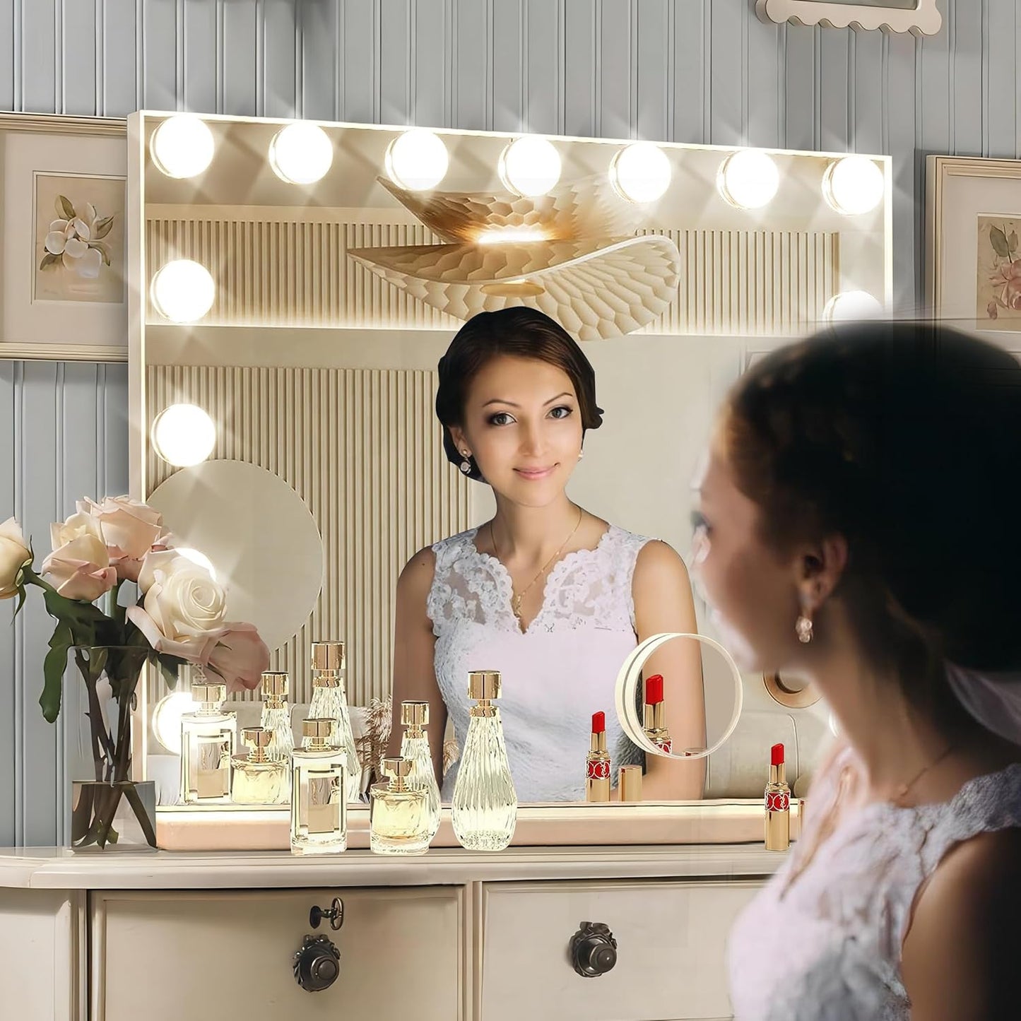 Hollywood Vanity Mirror with Lights, 15 Dimmable Bulbs, 3 Color Lights,Make Up Lighted Mirror, Aluminum Metal Frame, USB Charging Port（23" x 18"）
