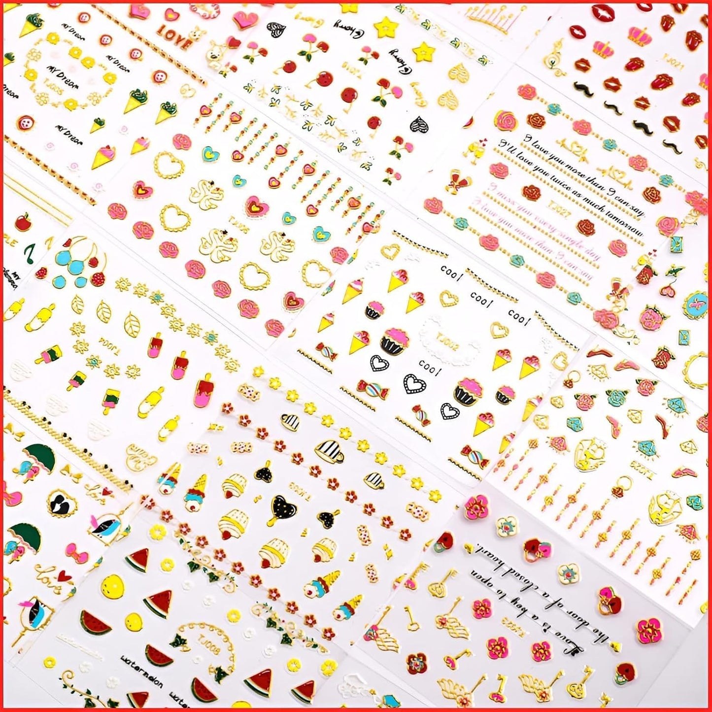 30 Sheets Valentine Nail Stickers: 3D Self-Adhesive Red Heart Designs, Rose Lip Bow, Valentine Decals & Supplies