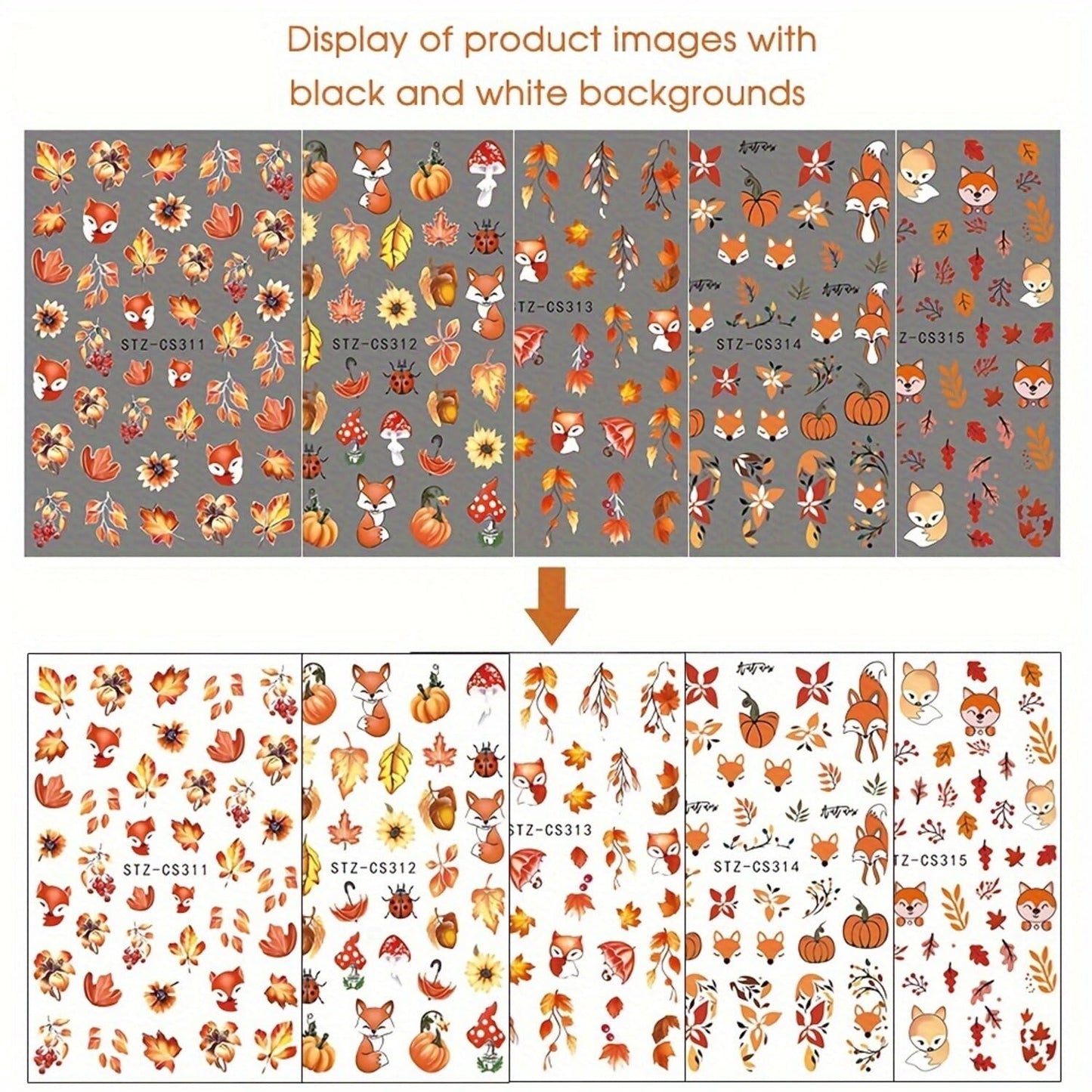 5 Sheets Fall Nail Art Stickers Maple Leaves Nail Decals 3D Self Adhesive Nail Stickers Decals Cute Fox Pumpkin Mushroom Design Autumn Nail Supplies for Women DIY Manicure Decoration