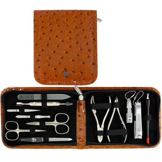 3 Swords Germany - brand quality 12 piece manicure pedicure grooming kit set for professional finger & toe nail care with cognac synthetic leather case - Made in Germany