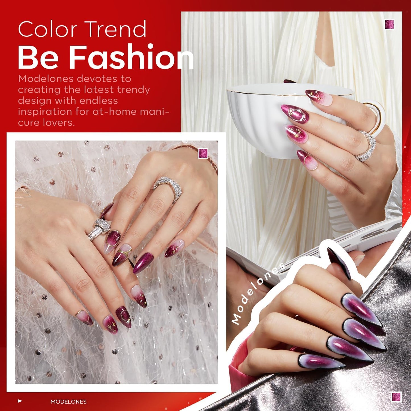 modelones Gel Nail Polish Set, 6 PCS Red Burgundy Purple Glitter Gel Polish Colors Cat Eye Chameleon Shimmer Soak OFF LED Nail Art Gel Nail Kit Manicure Salon DIY Nails Gift