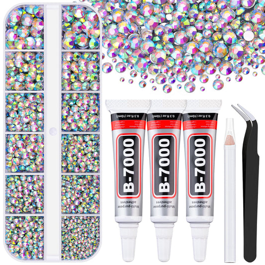 6000Pcs Resin Rhinestones for Bedazzling with 3Pcs B7000 Jewelry Glue, 1 Box AB Flatback Rhinestones for Crafting Crafts DIY, Crystals Gems for Clothing Shoes Tumblers Nail Art Makeup