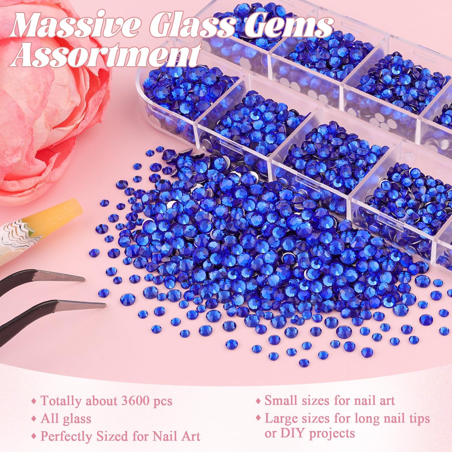 3600pcs Glass Royal Blue Nail Rhinestones 6 Sizes(1.8/2/2.4/2.8/3/4mm) Flatback Crystal Nail Charms Jewels Decoration for Nail Art and Crafting, Tweezer and Pickup Pen included
