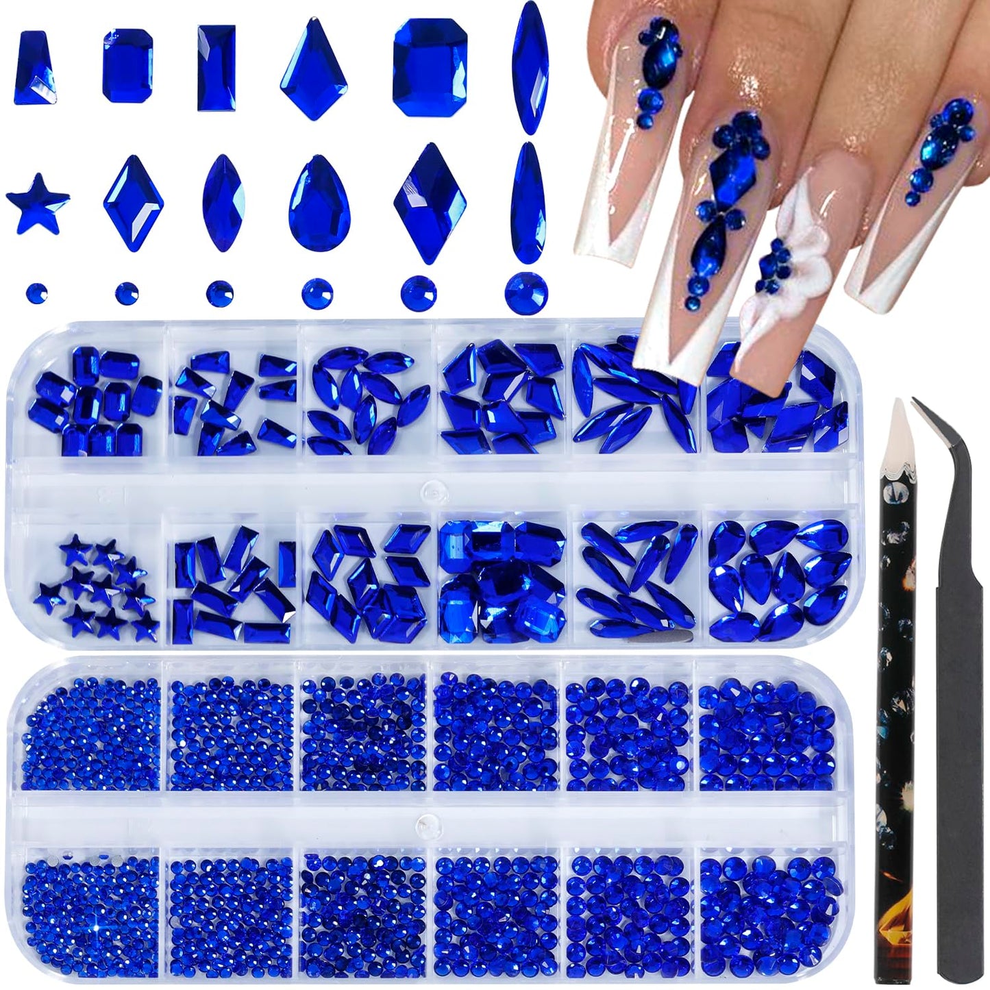 HNUIX Nail Rhinestones - 3D Multi Shape Size, Blue Nail Gems, Flat Back, with Kit, for Nail Art, DIY Decorations