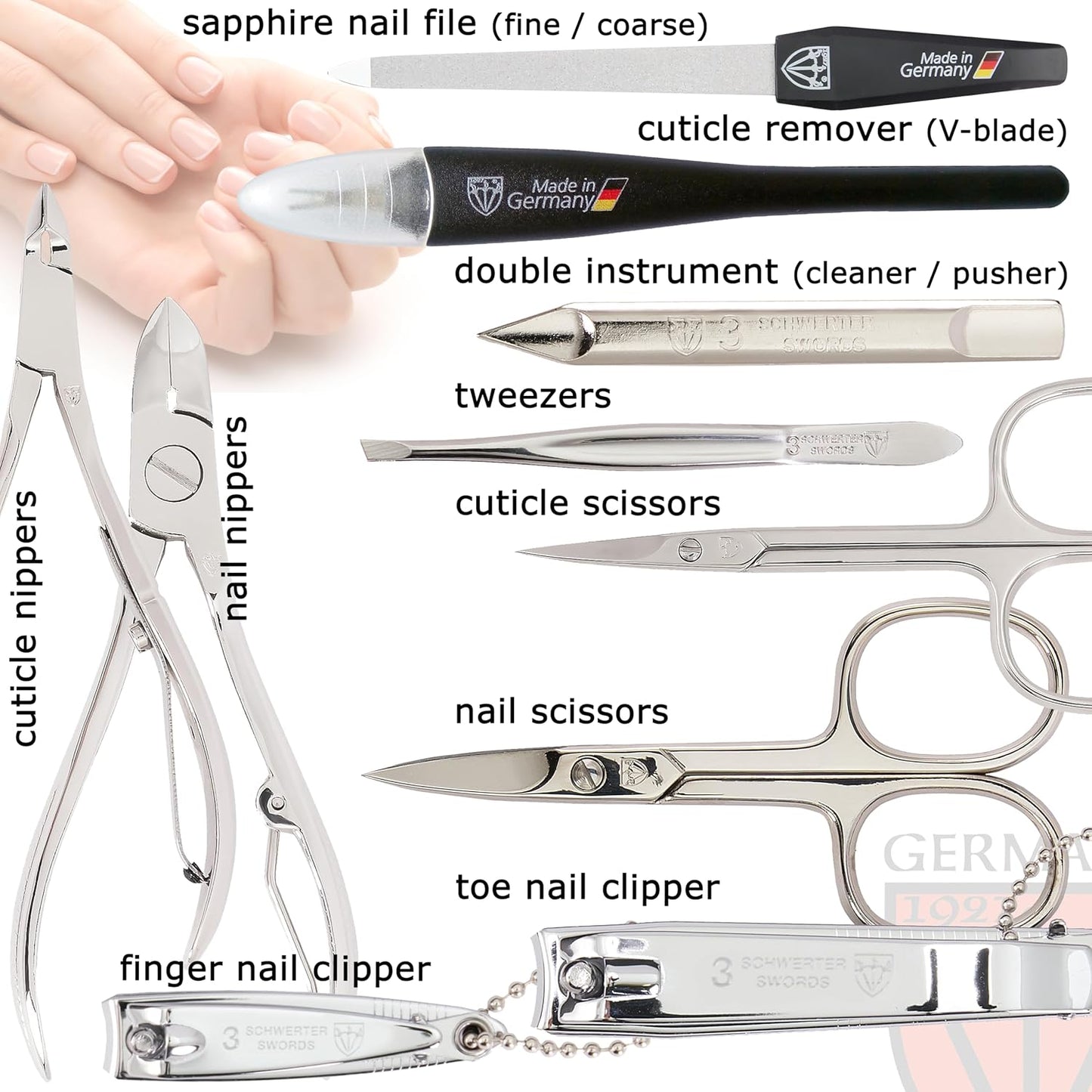 3 Swords Germany - brand quality 10 piece manicure pedicure grooming kit set for professional finger & toe nail care scissors clipper fashion leather case in gift box, Made by 3 Swords (03614) Red