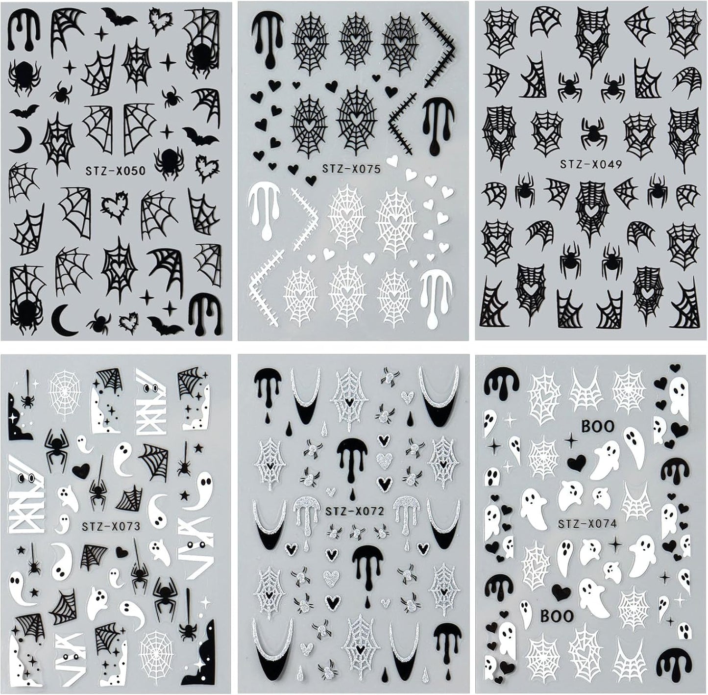 6 Sheets Halloween Nail Art Stickers Cute Ghost Nail Decals Black White Spider Web Bat Stars Moon Design Gothic Nail Art Supplies for Holiday Acrylic DIY Nail Decoration