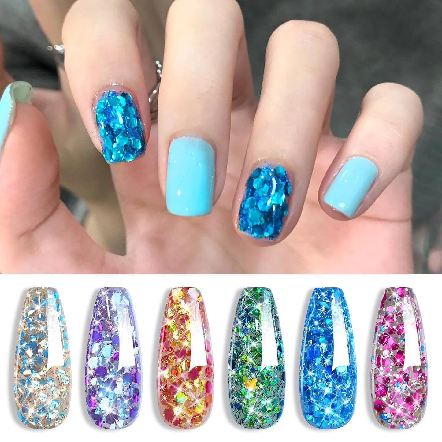 Born Pretty Glitter Gel Nail Polish with Sequins, 6 Pcs Blue Purple Gold Green Hot Pink Long Lasting Sparkly Shiny U V Gel Polish Set for Manicure and Nail Art, DIY at Home, Salon-Quality 7ml