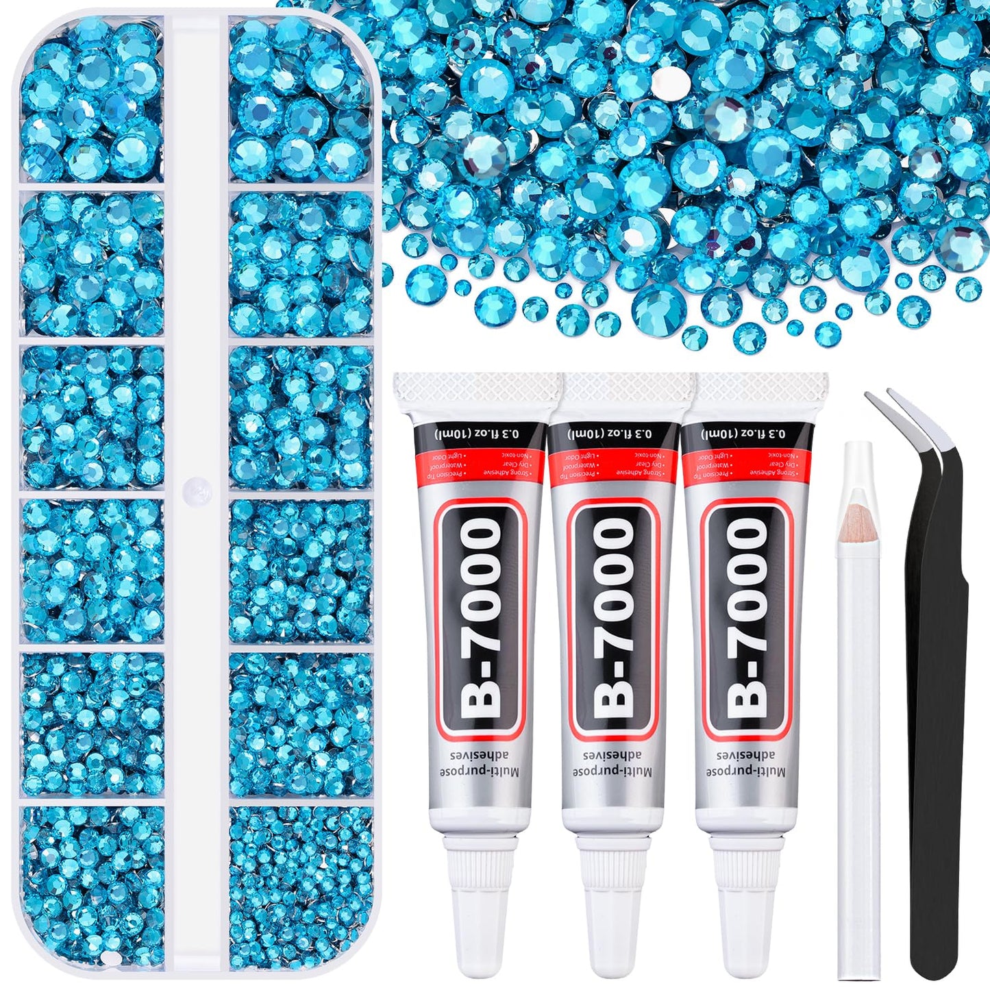 6000Pcs Resin Rhinestones for Bedazzling with 3Pcs B7000 Jewelry Glue, 1 Box Indicolite Flatback Rhinestones for Crafting Crafts DIY, Crystals Gems for Clothing Shoes Tumblers Nail Art Makeup