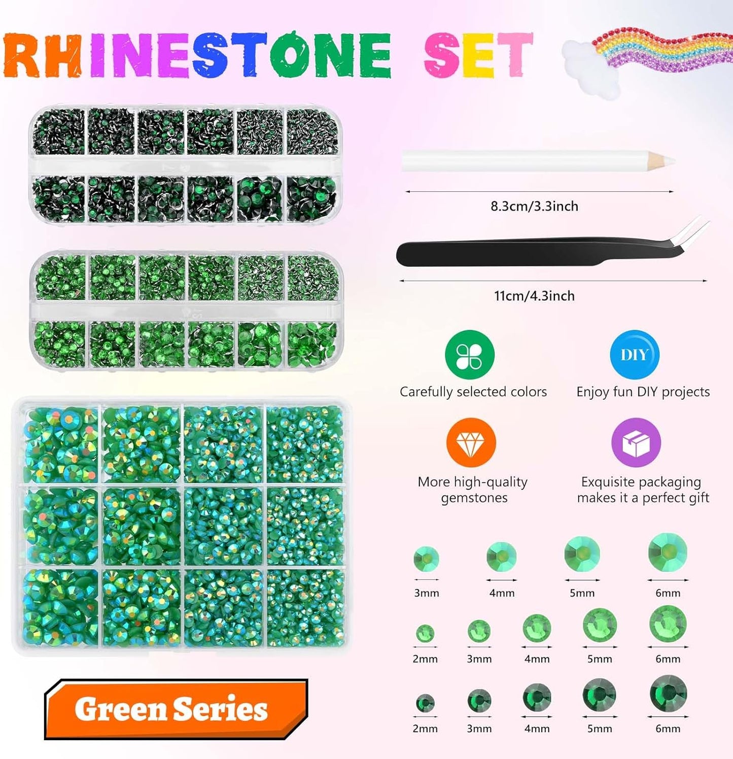 Morcheiong 17000Pcs Resin Rhinestones Green Flatback Crystals Diamond Includes Tweezers and Pickup Pen Suitable for Crafting DIY Nail Art Makeup Wedding Dress Clothing Mug