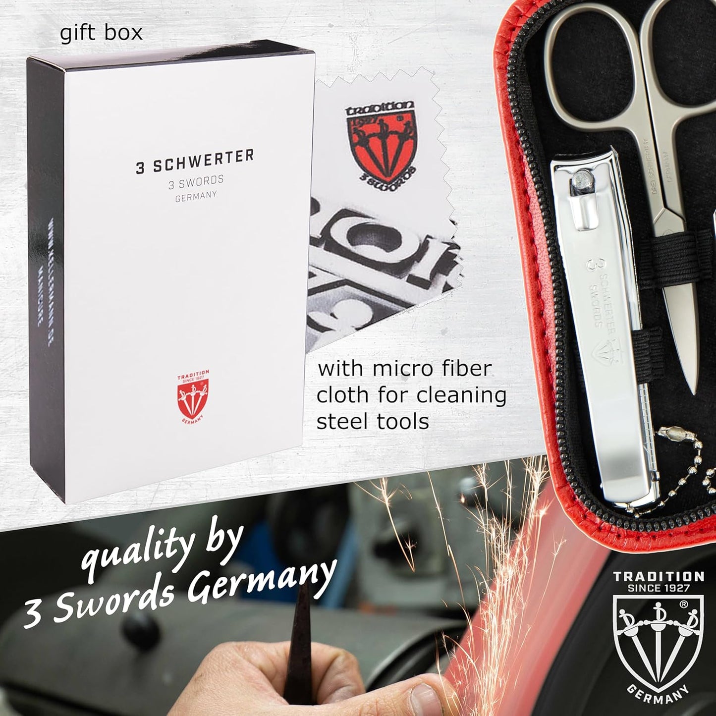 3 Swords Germany – brand quality 8 piece manicure pedicure grooming kit set for professional nail care with synthetic leather case red - Made in Germany