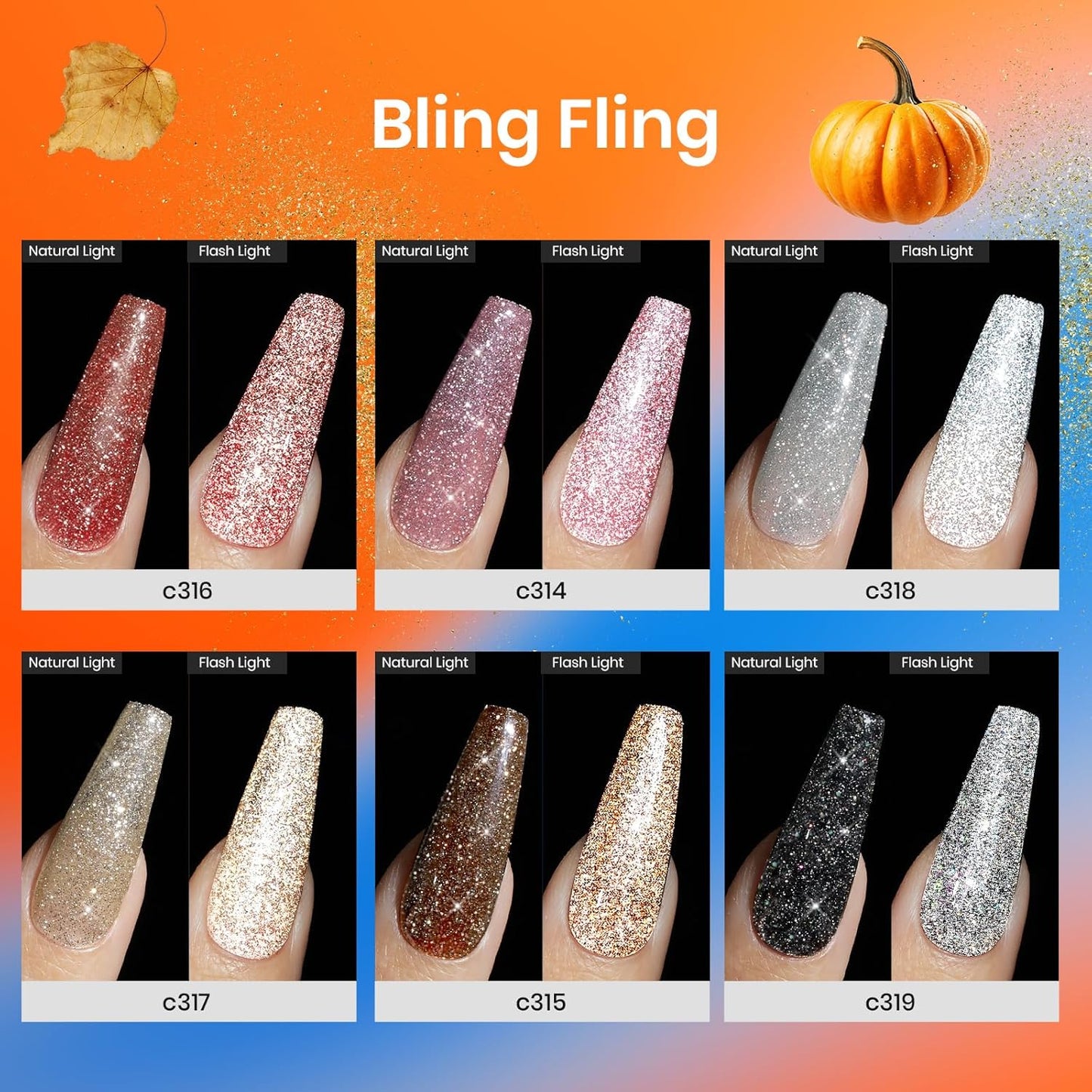 Beetles Reflective Glitter Gel Nail Polish Set, 6 Colors Holographic Sparkle Glitter Gel Polish Flash Diamond Sliver Gold Black Red UV LED Soak Off Manicure Gift for Women Girls