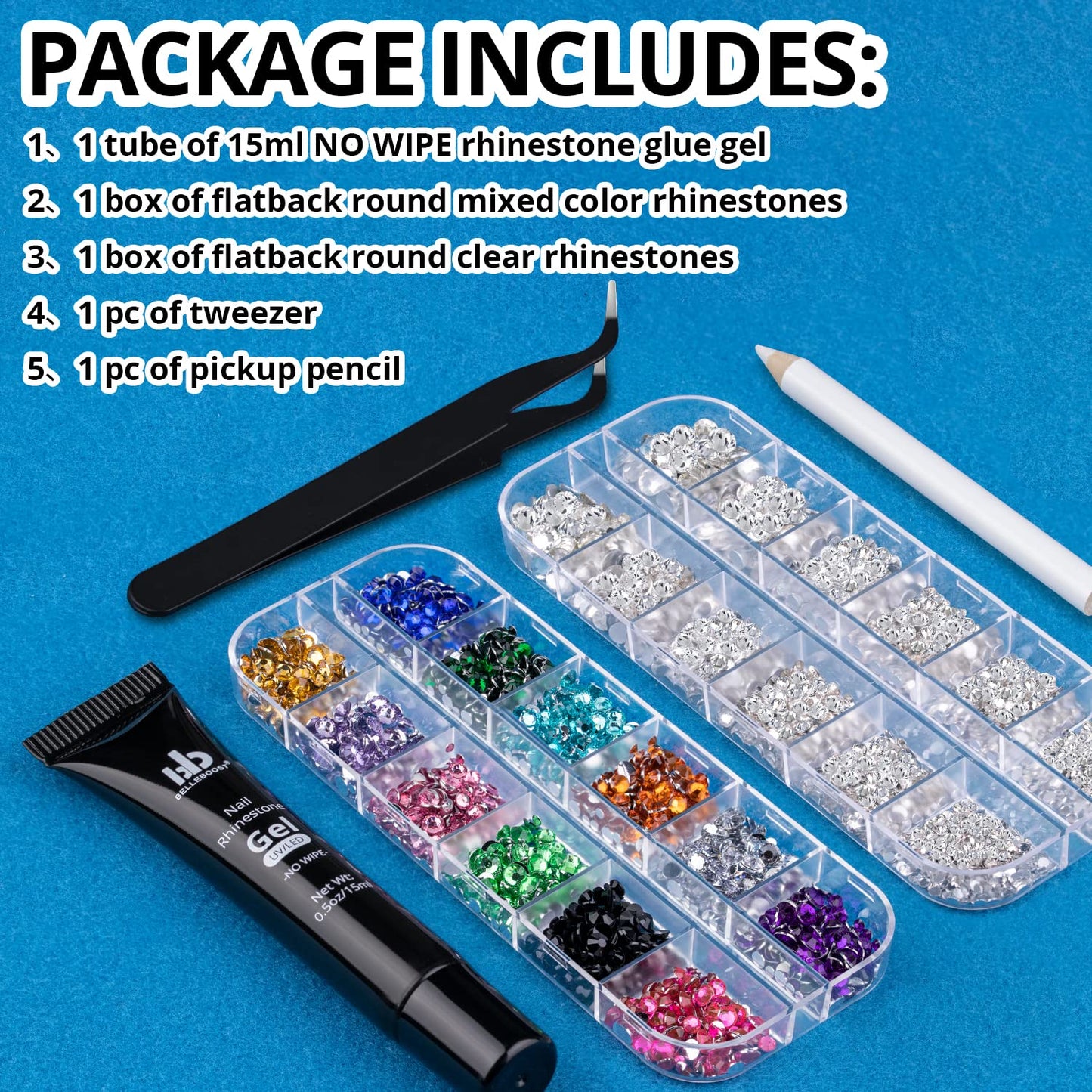 Nail Art Rhinestone Glue Gel&2 Boxes Flatback Gems Kit, 1 Tube of 15ml Rhinestone Gel Glue(UV/LED Needed)+Colorful Gems+Flat-Back Round Glass Crystal Clear Gemstones with Pickup Tools