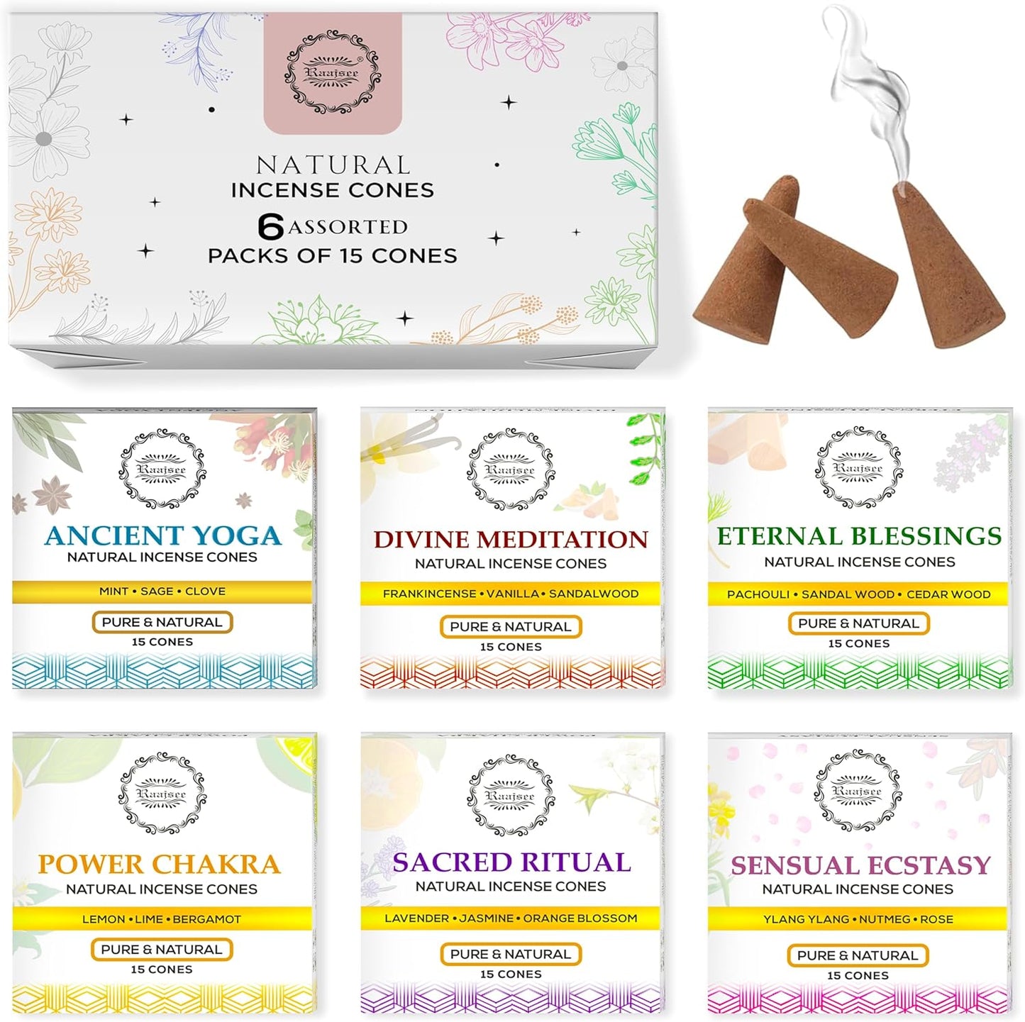 Raajsee Natural Incense Cones,6 Pack Mixed Scents Gift Pack 15 pc Each (90 Total), Insense Cones Variety Pack, 100% Organic Non Toxic Natural - Hand Rolled Free from Chemicals (Pack 3)