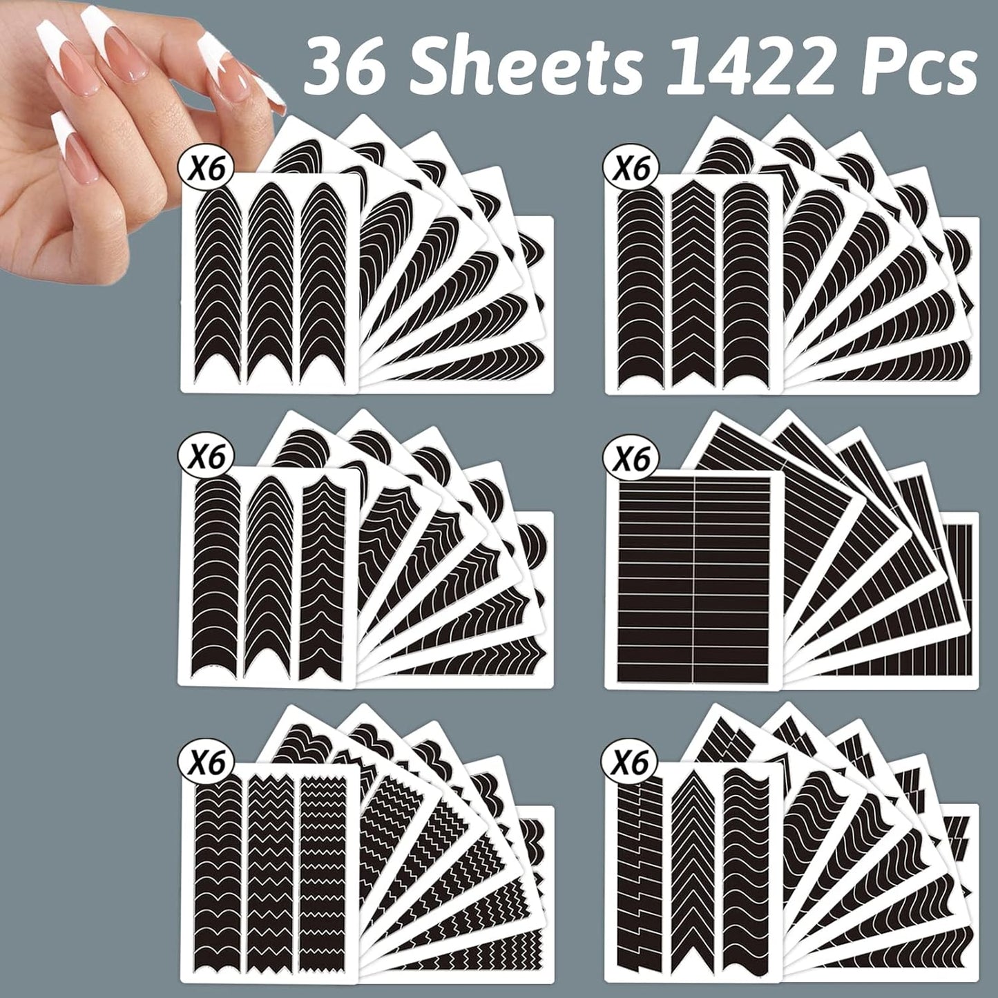 1422 Pcs French Tip Nail Guides, Self-Adhesive French Moon Shaped V-Shaped Manicure Strip Stickers for Edge Auxiliary Black DIY Decoration Stencil Tools(11 Designs, 36 Sheets)