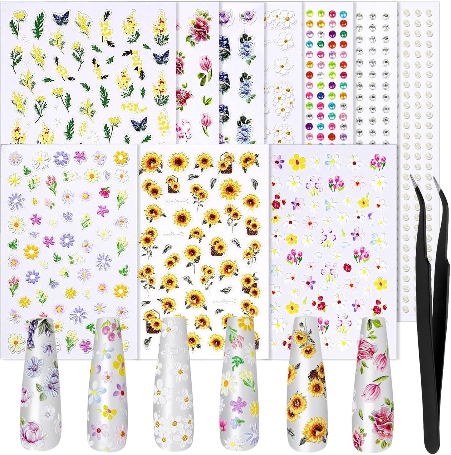 FANDAMEI Nail Decals, 7 Sheets 5D Embossed Flower Nail Stickers, Nail Stickers for Nail Art, 10 PCS Self-Adhesive Nail Art Sticker, Floral Nail Decorations for Girls, Women