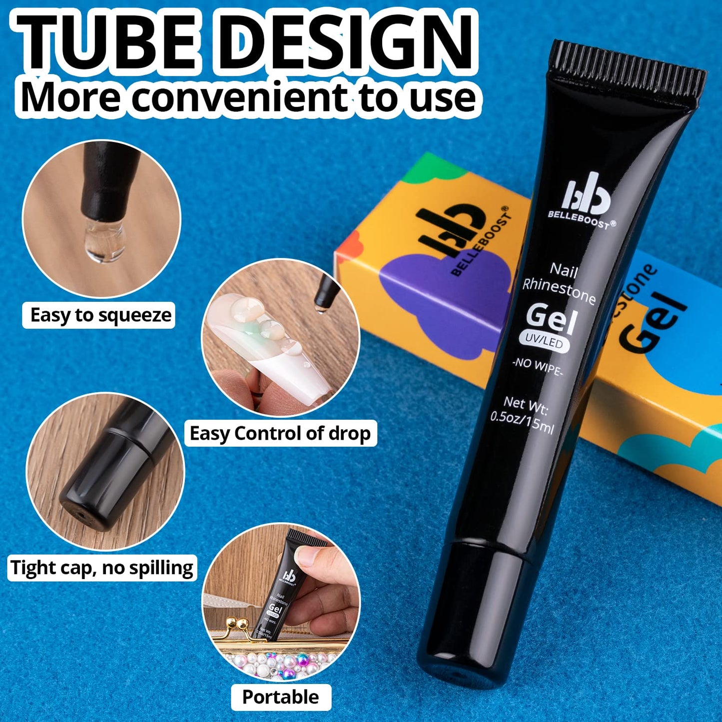 Nail Art Rhinestone Glue Gel&2 Boxes Flatback Gems Kit, 1 Tube of 15ml Rhinestone Gel Glue(UV/LED Needed)+Colorful Gems+Flat-Back Round Glass Crystal Clear Gemstones with Pickup Tools