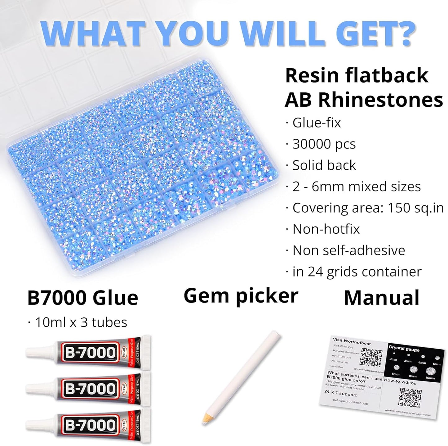 30000Pcs Resin Jelly Rhinestones Set for Crafting Bedazzling, Baby Blue AB Flatback Gems Jewels for Crafts Clothes Shoes Fabric Outfit Nails Makeup, Flat Back Crystal 2-6mm with b 7000 Glue