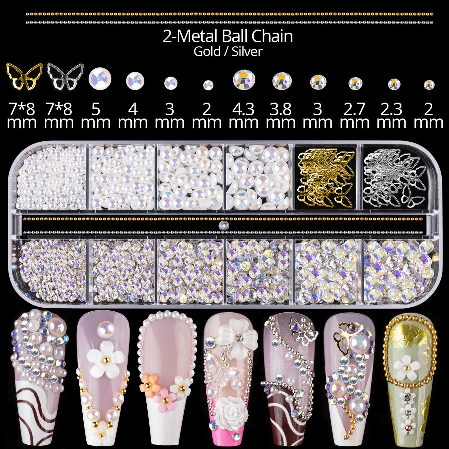 Mixed 3D Nail Art Gem Decoration Accessories Kit #1, Aurora Bear Bow Butterfly Starry AB Rhinestone Charm Jewelry for Deco, Pearl Flower Caviar Bead Stone Crystal with Dual-End Brush and Tweezer