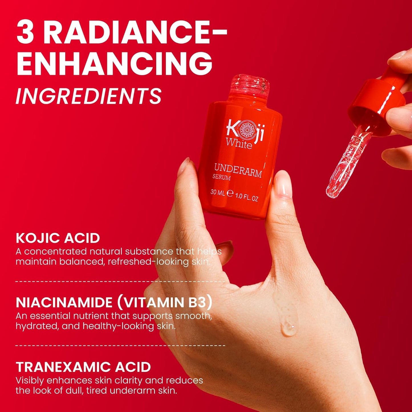 Koji White Underarm Serum for Armpit, Elbows, Knees, Private Areas - Hydrating with Kojic Acid, Niacinamide, Tranexamic Acid, Paraben-Free, Vegan, 1 Fl Oz