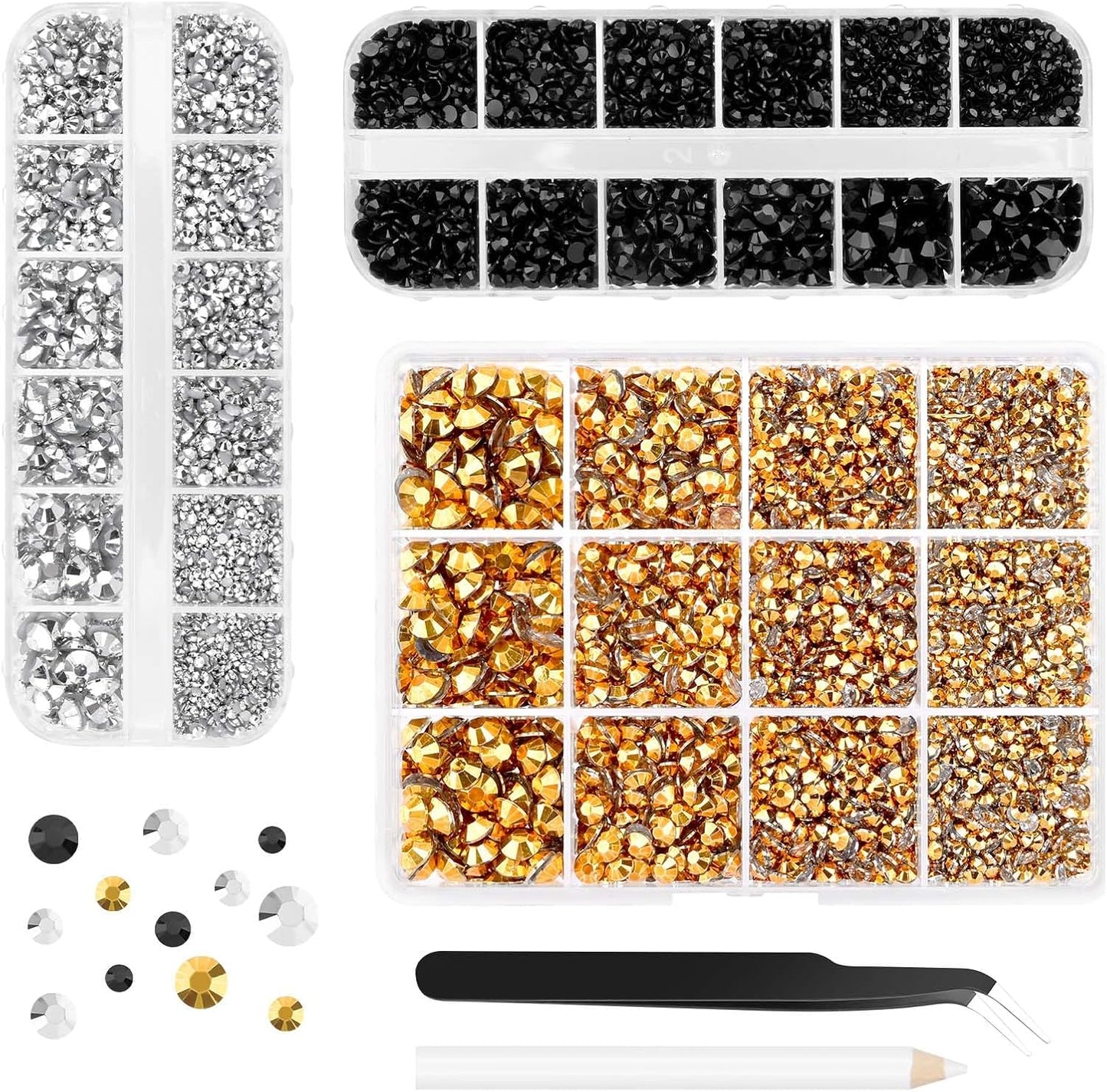 Morcheiong 17000Pcs Resin Rhinestones Gold Silver Black Flatback Crystals Diamond Includes Tweezers and Pickup Pen Suitable for Crafting DIY Nail Art Makeup Wedding Dress Clothing Mug