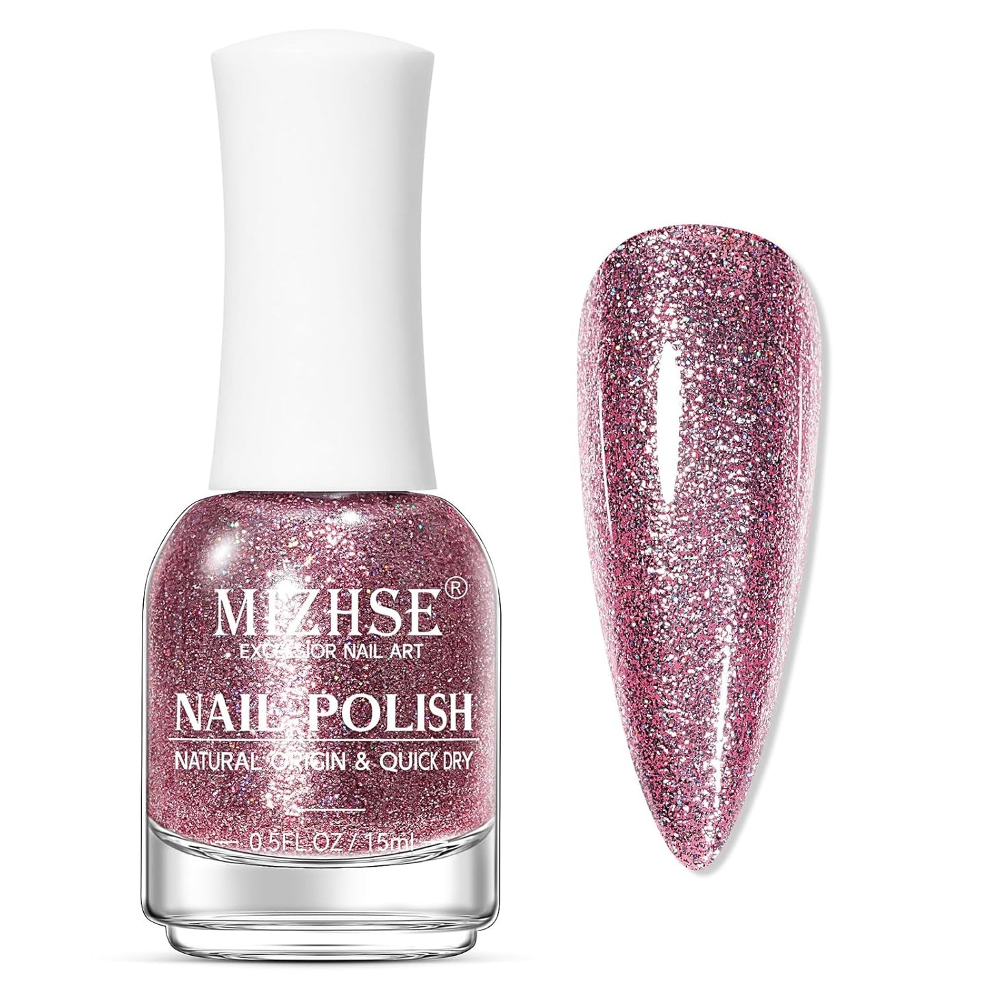 MIZHSE Quick Dry Glitter Pink Nail Polish, Shimmery Nail Polish Air Fast Drying, 15ml High Glossy Sparkly Shiny Nail Lacquer Nail Art Salon Manicure Home