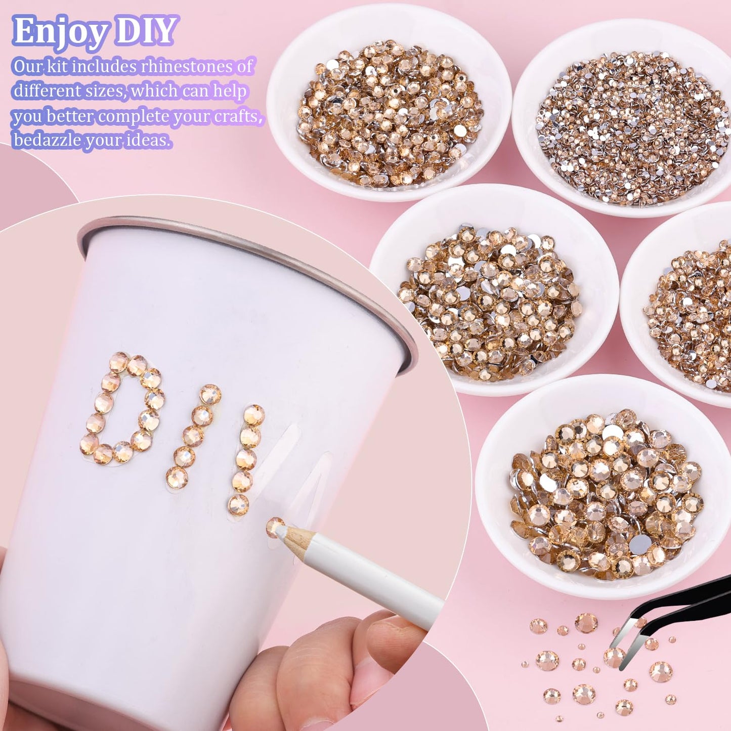 25000Pcs Resin Rhinestones with Tweezers for Crafting, Champagne 2-6mm Mixed Sizes Bedazzling Crystal with 3Pcs 10ml B7000 Jewelry Glue for DIY Crafts Clothing Tumblers Shoes Fabric Nail Art