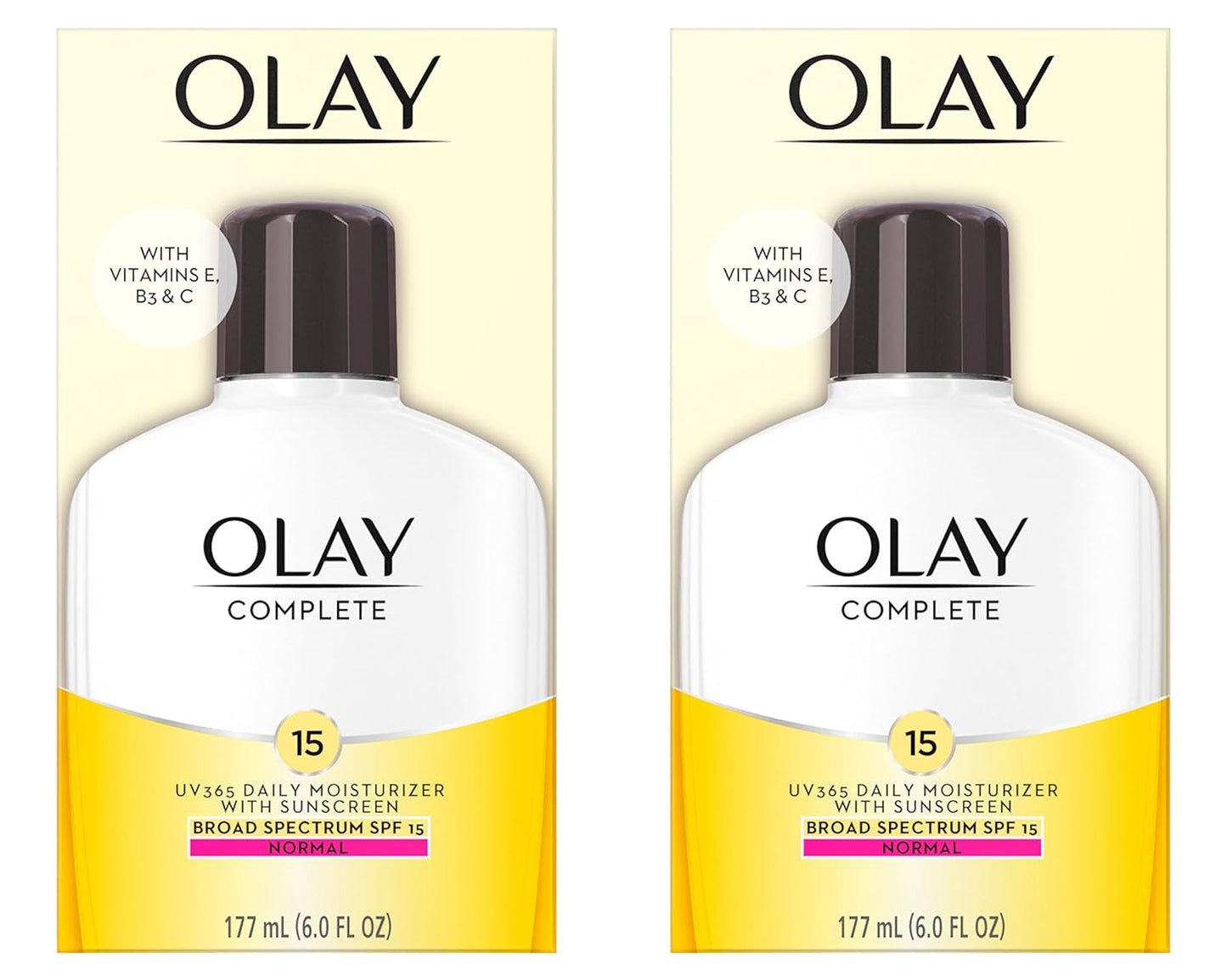 Olay Face Moisturizer, Complete with Sunscreen SPF 15, Daily Facial Lotion for Normal Skin, Lightweight Hydrating Broad Spectrum Sun Protection - Vitamin C, E, and Niacinamide - 6 Oz 2 Pack