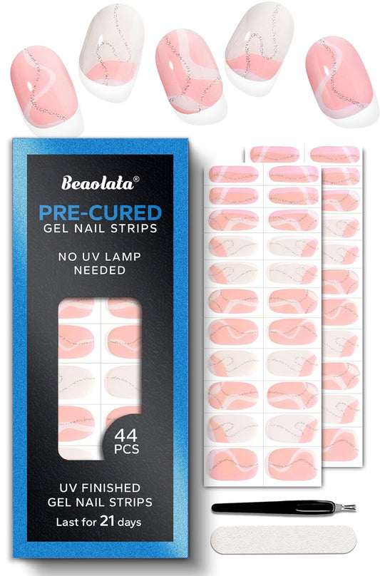 Pre Cured Gel Nail Strips - 44PCS Salon Quality Gel Nail Stickers - Long Lasting Polish Wraps for Women no UV Light Needed Easy Apply& Remove (Marble Pink)
