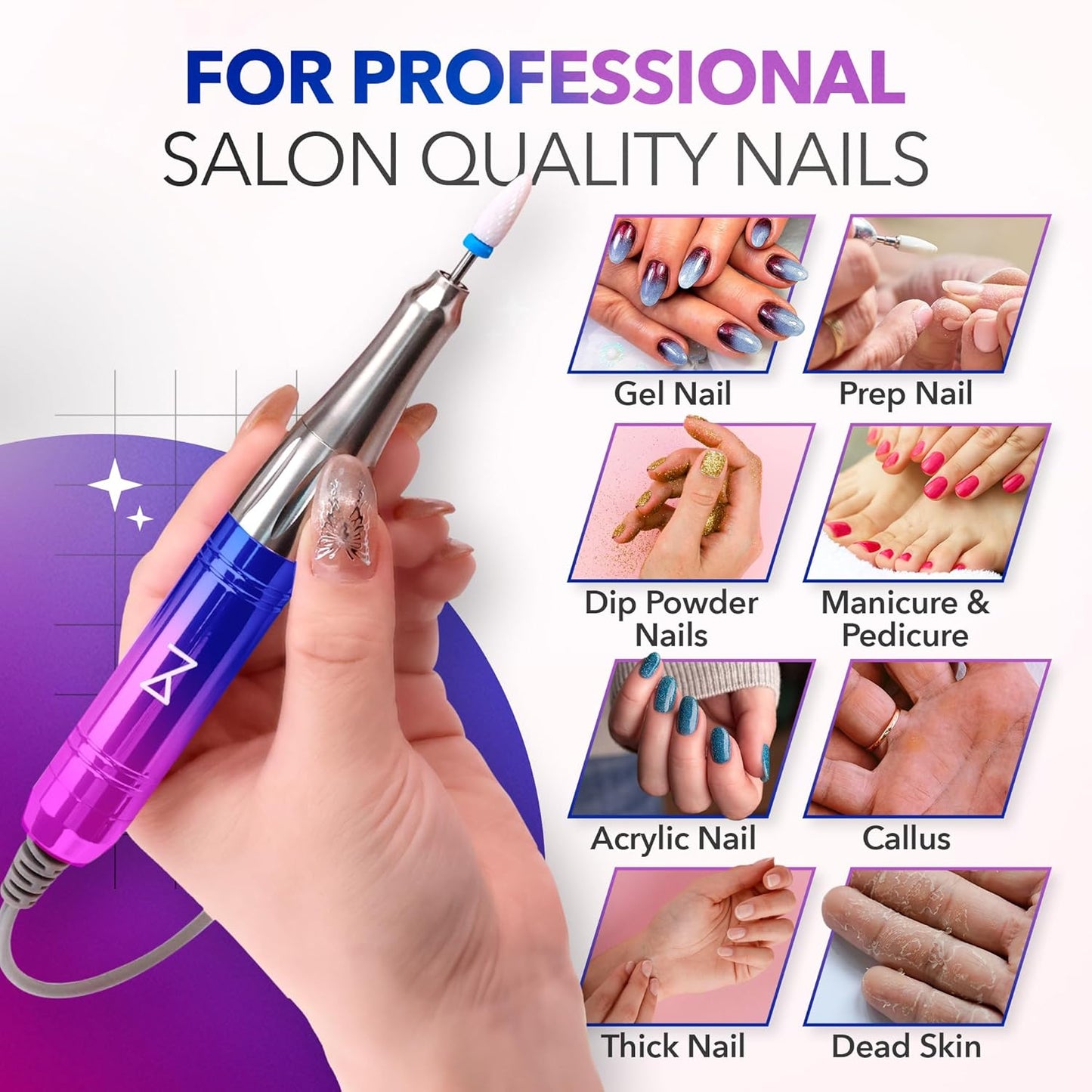 M Mase- Professional Nail Drill Machine - Coreless 2-in-1 Nail File - Electric, Cordless, 35000 RPM, HD Display - Electric Nail Drill for Professional & Home Use (Unicorn Pink Blue)