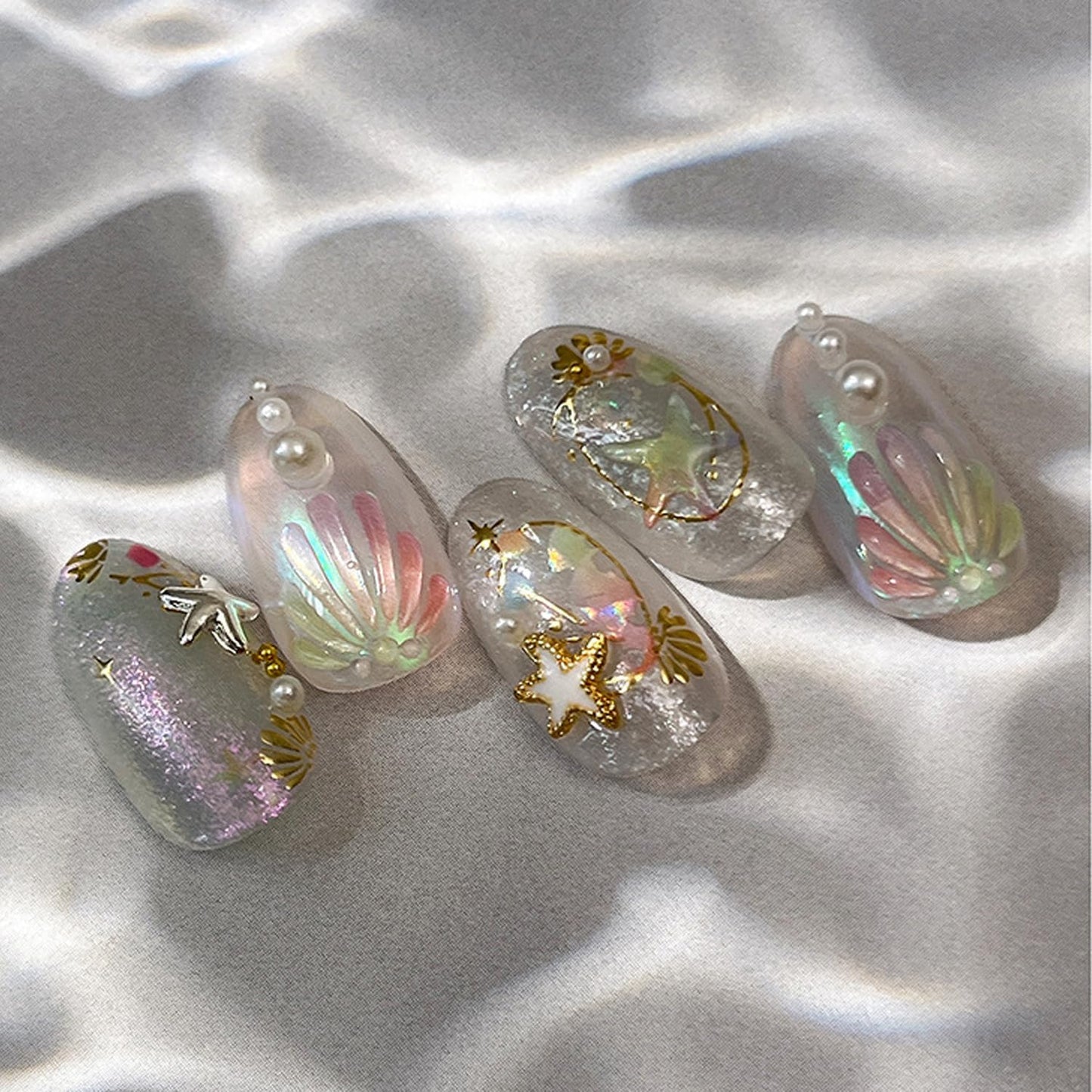 Summer Nail Stickers Starfish Nail Decals 3D Self-Adhesive Shiny Starfish Shell Nail Art Design Sticker Ocean Theme Nails Supplies Decoration Accessories for Women Acrylic Nails