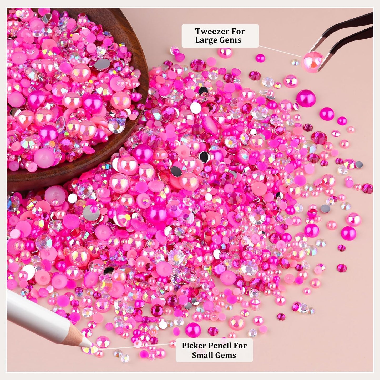 9000PCS Flatback Pearls and Rhinestones for Crafting, Dark Pink Mixed Size 3-10mm Resin Rhinestones and Half Pearls for Bedazzling, Nail Art and Decoration with Tweezer and Pickup Pencil