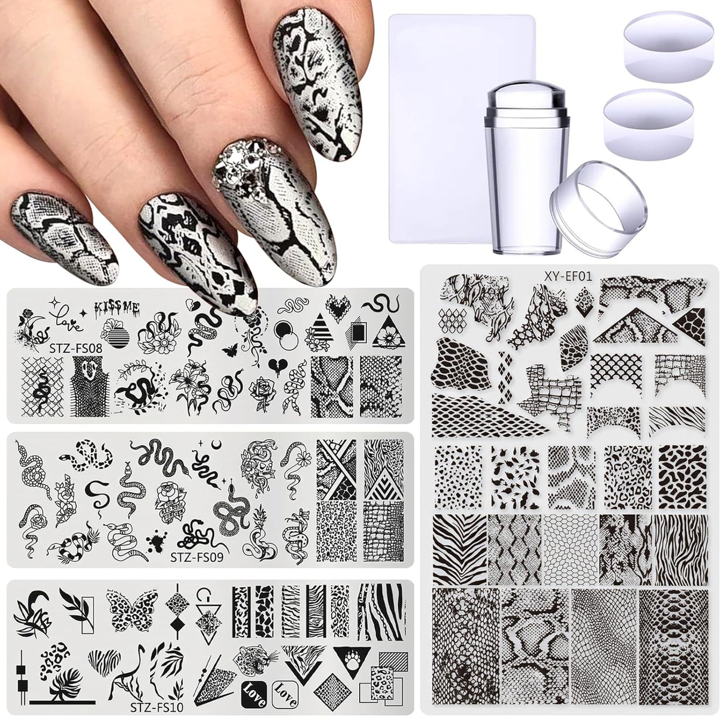4pcs Snake Leopard Print Nail Stamping Plate Stencil with French Tip Nail Stamper Kit Reusable Salon Nail Set DIY Manicure Supplies Nail Art Tools