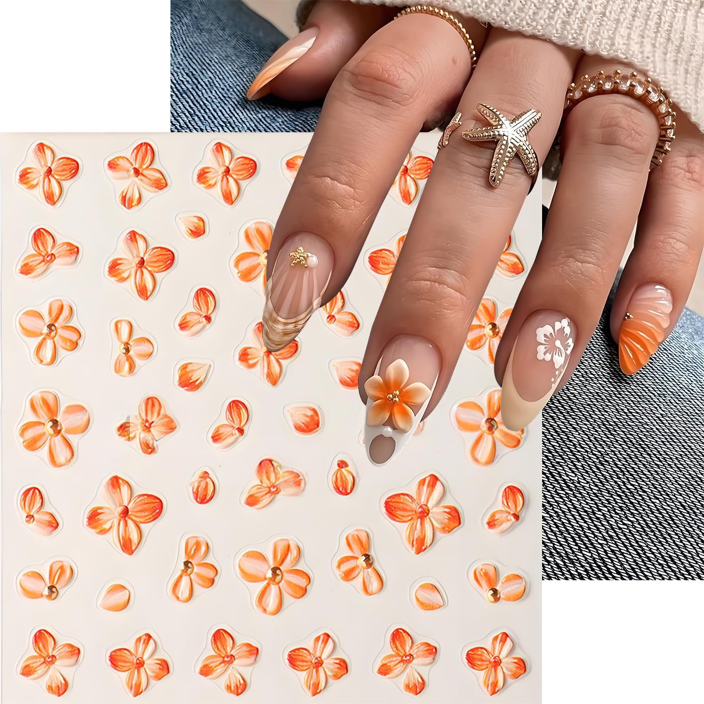 Fall Flowers Nail Art Stickers, Fall Gradient Orange Flower Nail Decals 5d Embossed Small Yellow Flower 2Pcs Nail Art Supplies for Women Nail Decoration