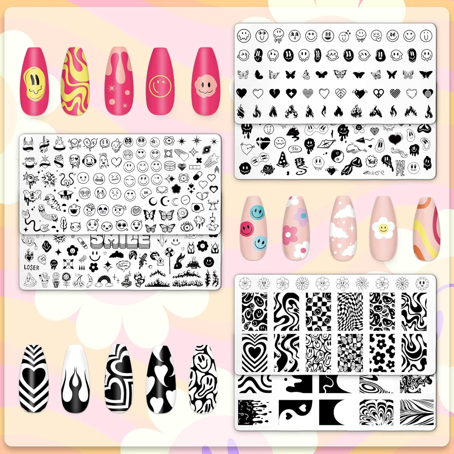 Whaline 6Pcs Smile Face Nail Plates Stamping Set Heart Butterfly Star Flower Smiling Stamp Templates Groovy Nail Art Plates for DIY Print Manicure Salon Design Gift Supplies