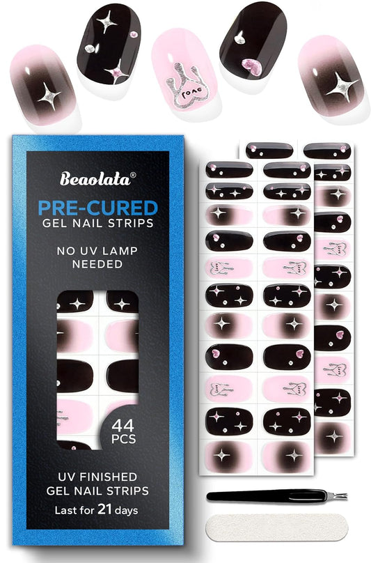 Pre Cured Gel Nail Strips - 44PCS Salon Quality Gel Nail Stickers - Long Lasting Polish Wraps for Women no UV Light Needed Easy Apply& Remove (Black Pulse)