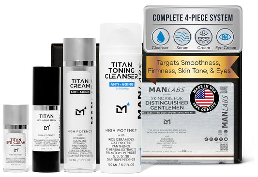 Titan Sports Anti-Aging Mens Skin Care Kit – Cleanser, Face Serum, Eye Cream, Face Moisturizer – Men, Skin Care Set – Dark Circles, Wrinkles, Fine Lines – Vitamin C, Niacinamide, HA–Unscented