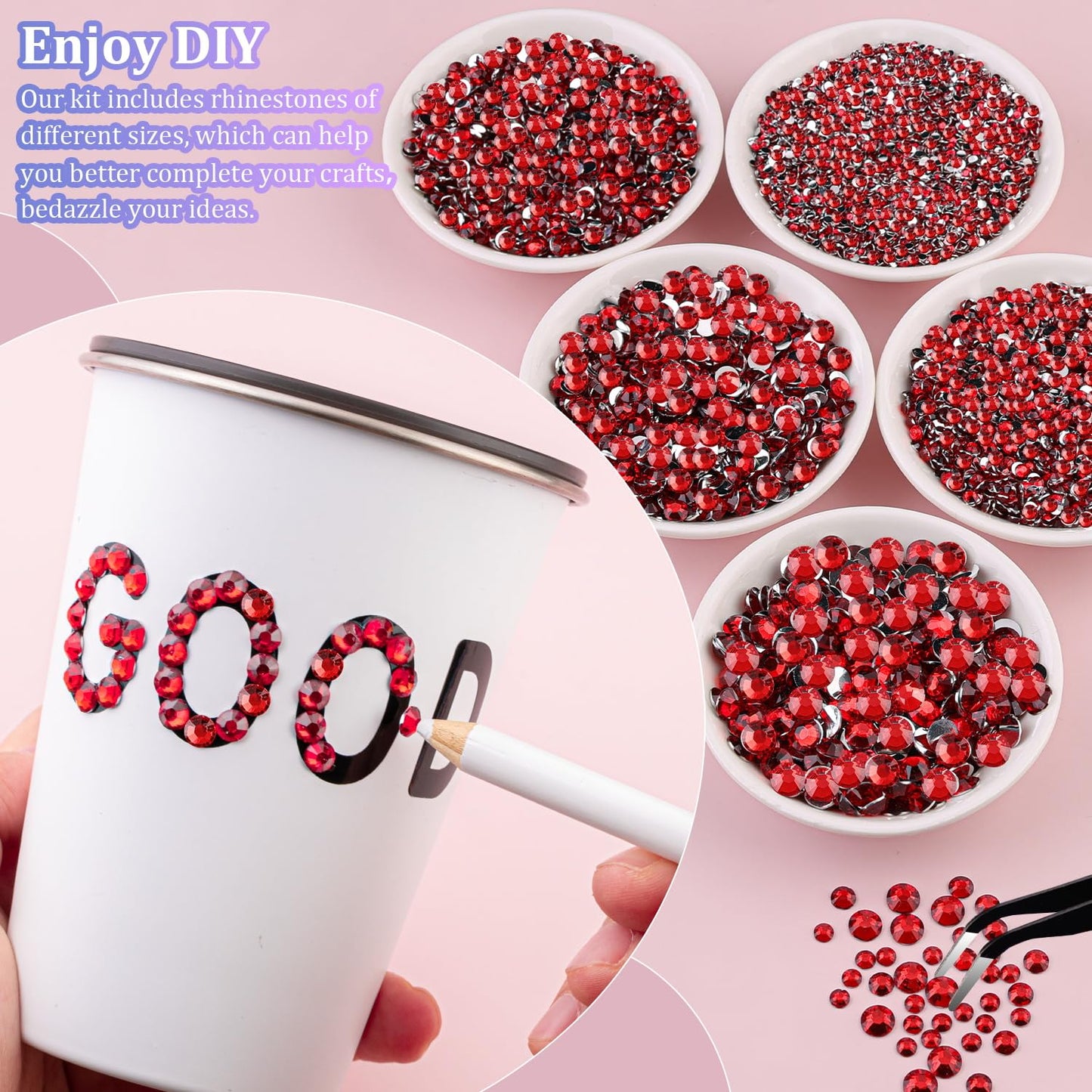 30000Pcs Resin Rhinestones with Tweezers for Crafting, Red Flatback Gems, Bedazzling Crystal with 3Pcs 10ml B7000 Jewelry Glue for DIY Crafts Clothing Tumblers Shoes Fabric Nail Art