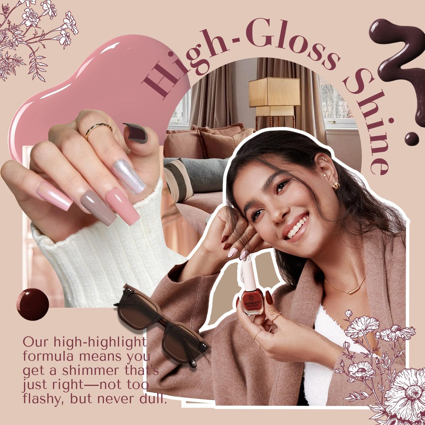 AZUREBEAUTY Nail Polish Set 4 Colors Brown Pink Glitter Nail Polish Quick Dry Natural Nail Lacquer Fingernail Kit with Top Coat DIY Salon Home