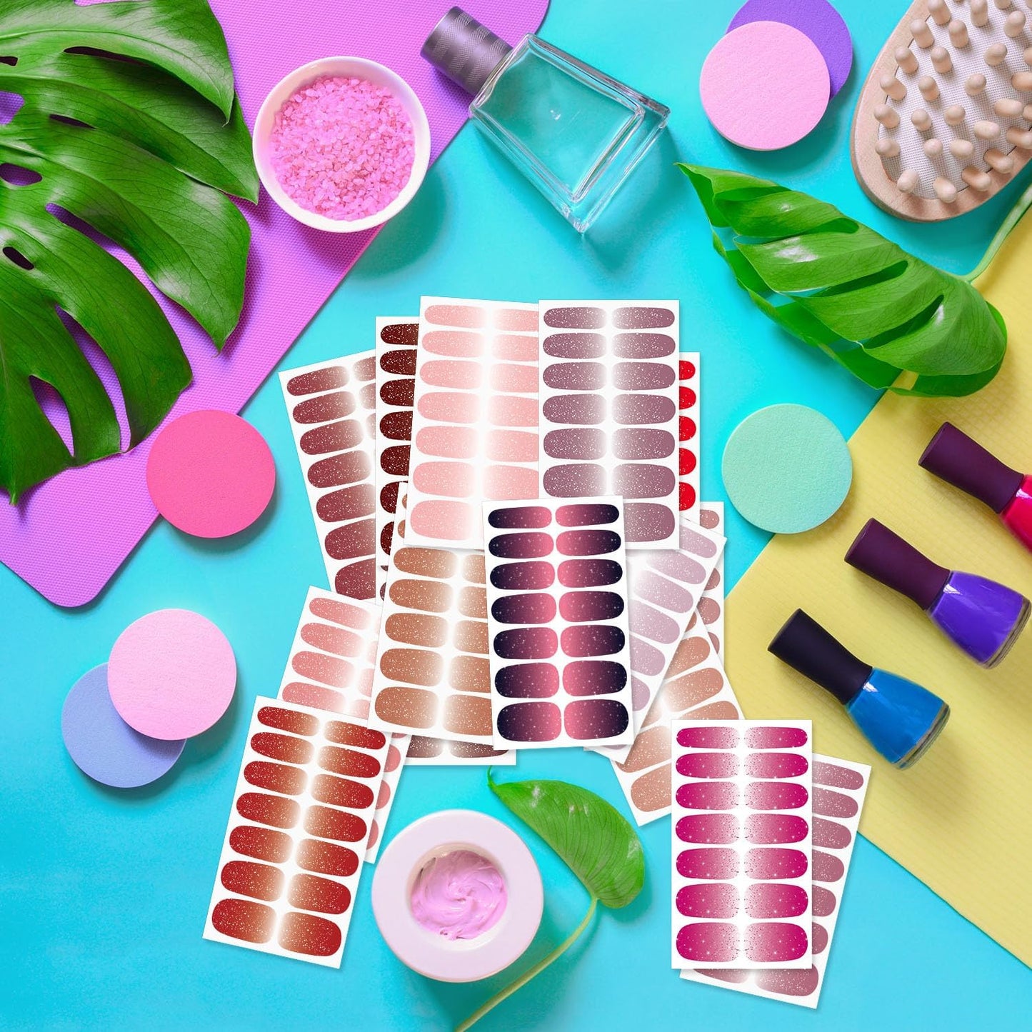 DANNEASY 16 Sheets Nail Polish Stickers Full Nail Wraps for Women Blue Glitter&Solid Color Fingernails Wrap Self Adhesive Nail Polish Strips Gel Nail Strips with Nail File, Cuticle Stick