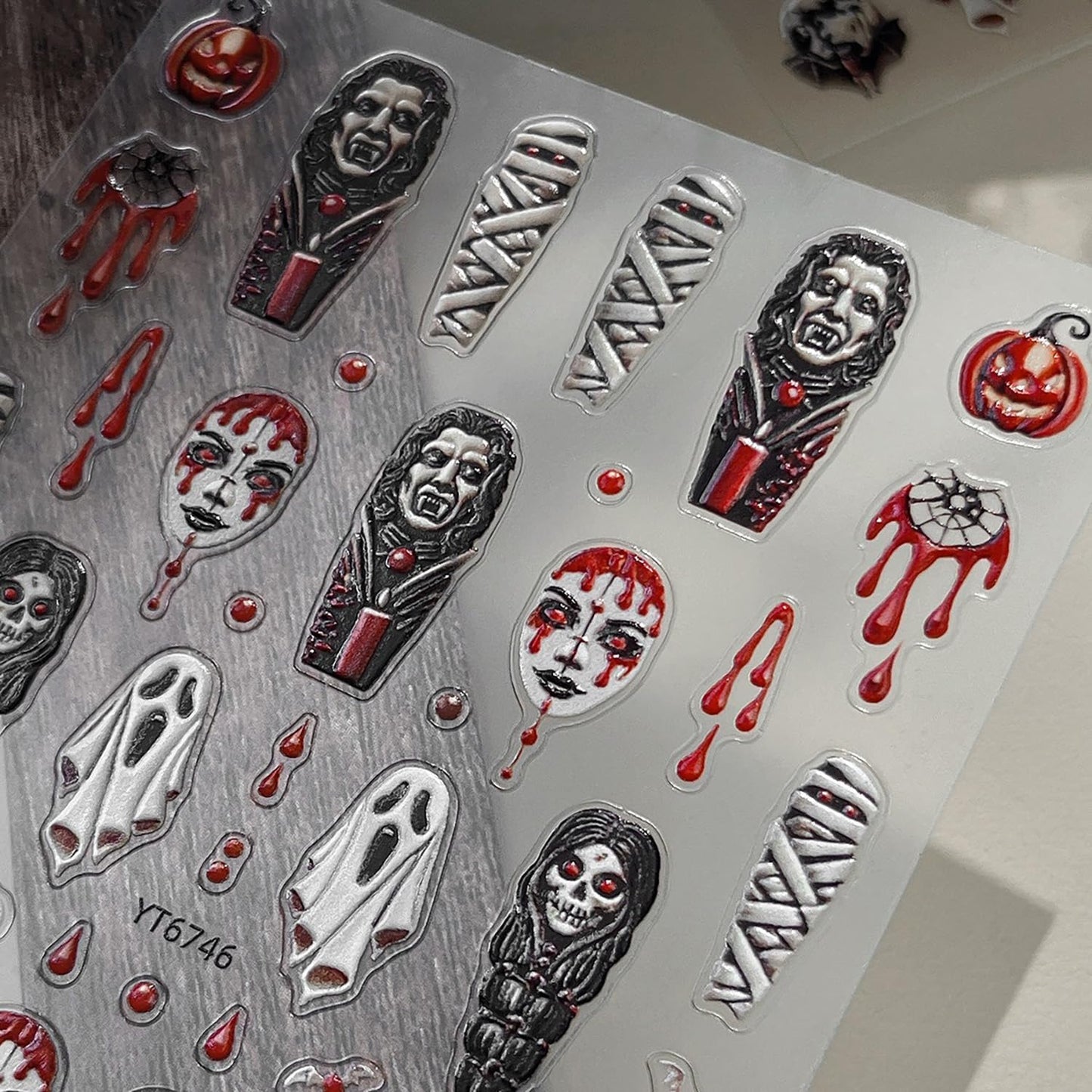Halloween Ghost Nail Stickers 3D Embossed Stickers for Nails Spooky Nail Decals with Mummy Blood Drop Pumpkin Designs DIY Self Adhesive Nails Art Decoration