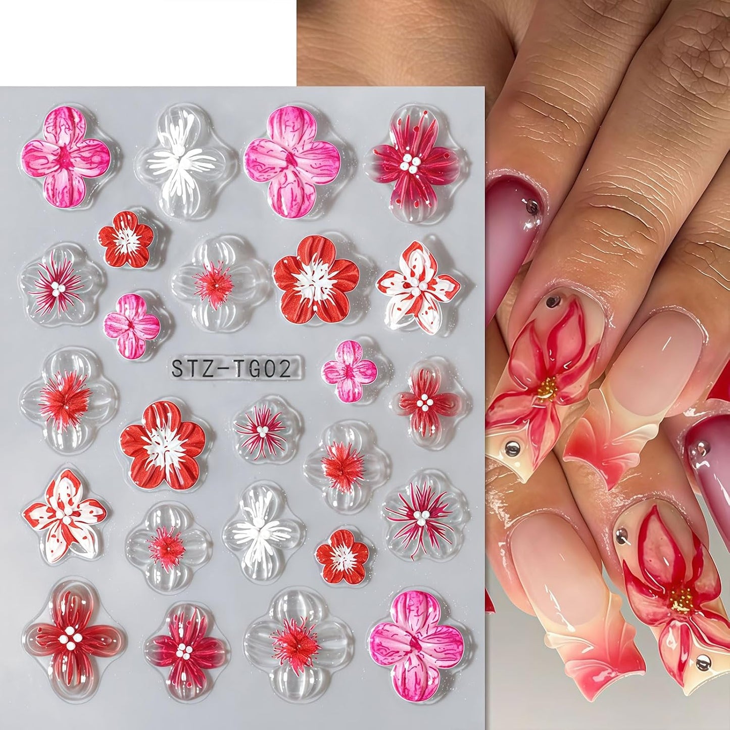 Flower Nail Art Stickers Decals, 4 Sheets 3D Self Adhesive Embossed Flower Nail Decals Nail Art Supplies Designs, Floral Nail Accessories for Women Girls