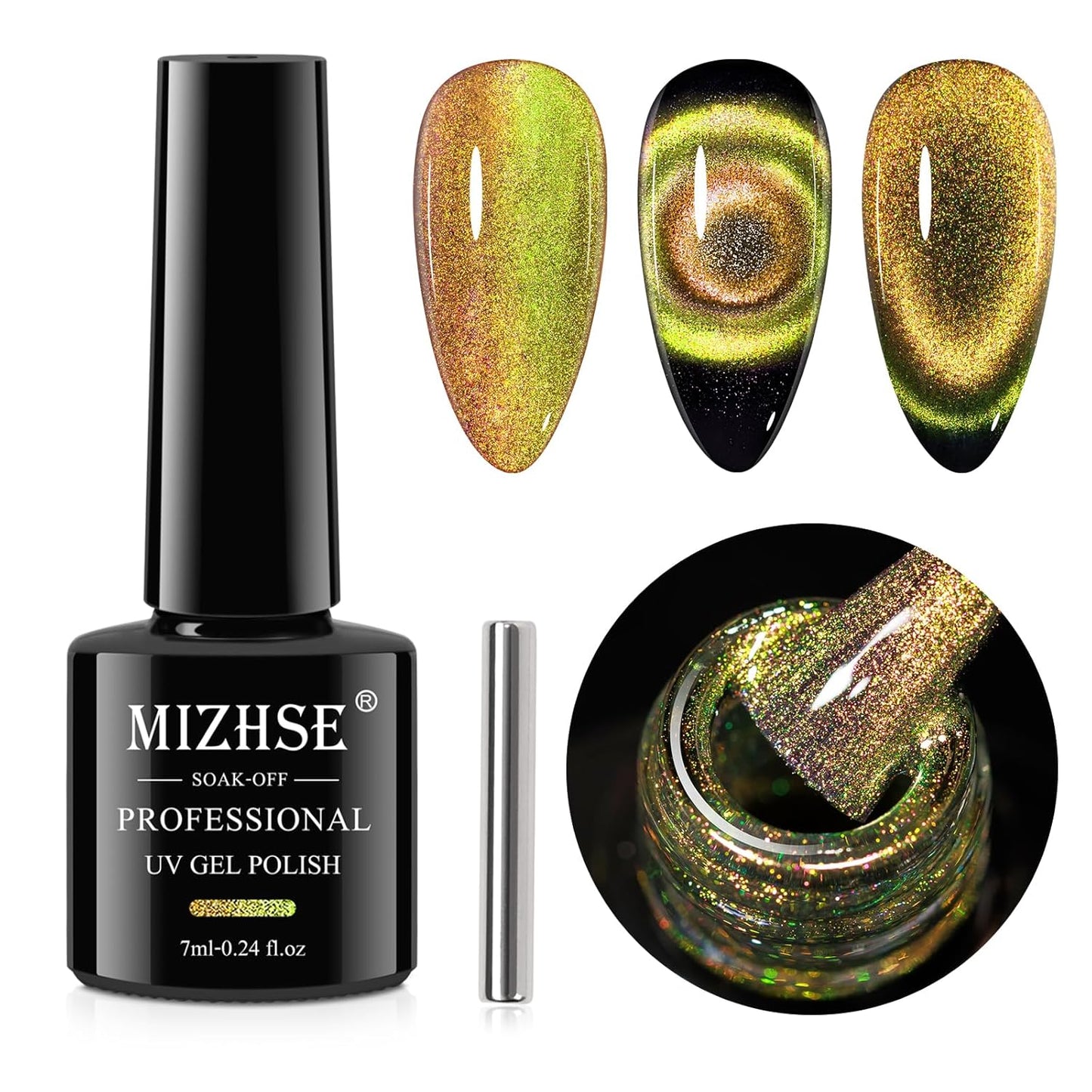 MIZHSE 9D Cat Eye Gel Nail Polish, Brown to Greed Magnetic Gel Polish with Magnet Stick, Galaxy Effect Holographic Cateye Nail Gel Soak Off Nail Art Manicure Home