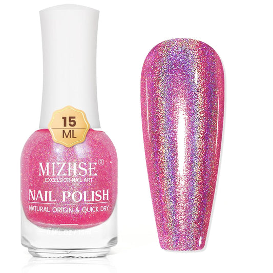 MIZHSE Holographic Nail Polish, Pink Glitter Nail Polish Air Dry Fast, 15 ml High Glossy Shimmer Nail Pigment Oil-based Laser Iridescent Nail Lacquer Chrome Halo Nail Art Salon Manicure Home