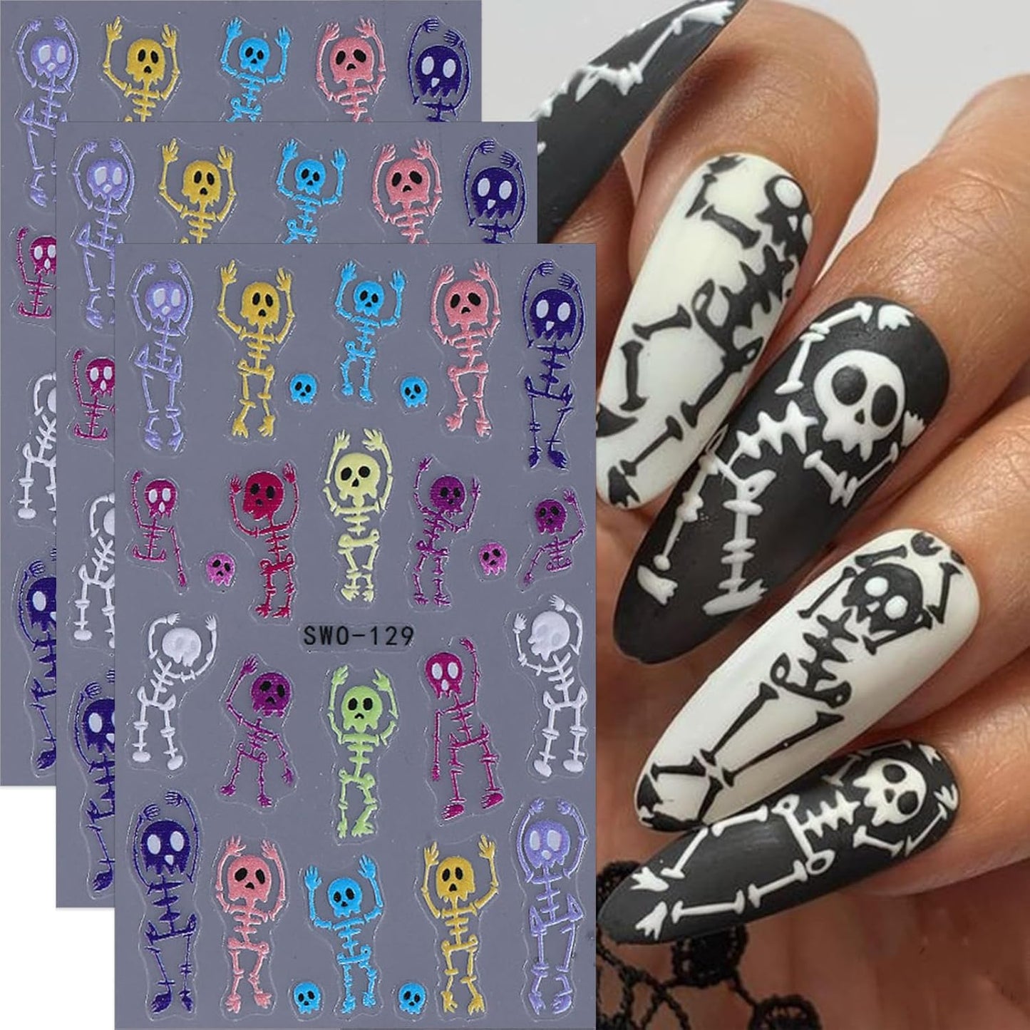 Halloween Skull Nail Stickers Cute 5D Nail Art Stickers 3PCS Self-Adhesive Colorful Embossed Skeleton Design Spooky Nails Manicure Accessories Holiday Nail Charms for Women Nail Decorations Nail Art