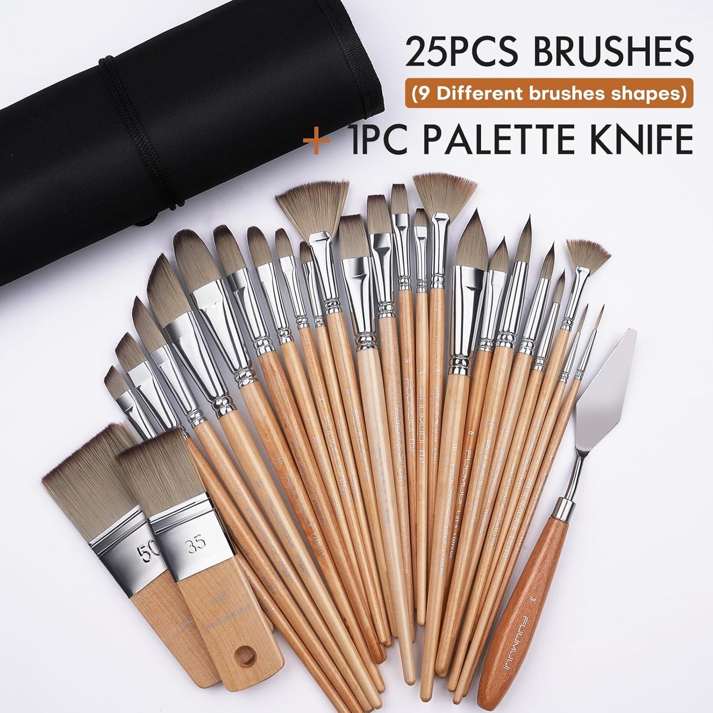 Fuumuui 26pcs Paint Brushes, Professional Acrylic Paint Brush Set Artists Complete Range of Sizes with Upgraded Short Handle Wide Flat & Palette Knife for Acrylic, Oil, Watercolor, Gouache